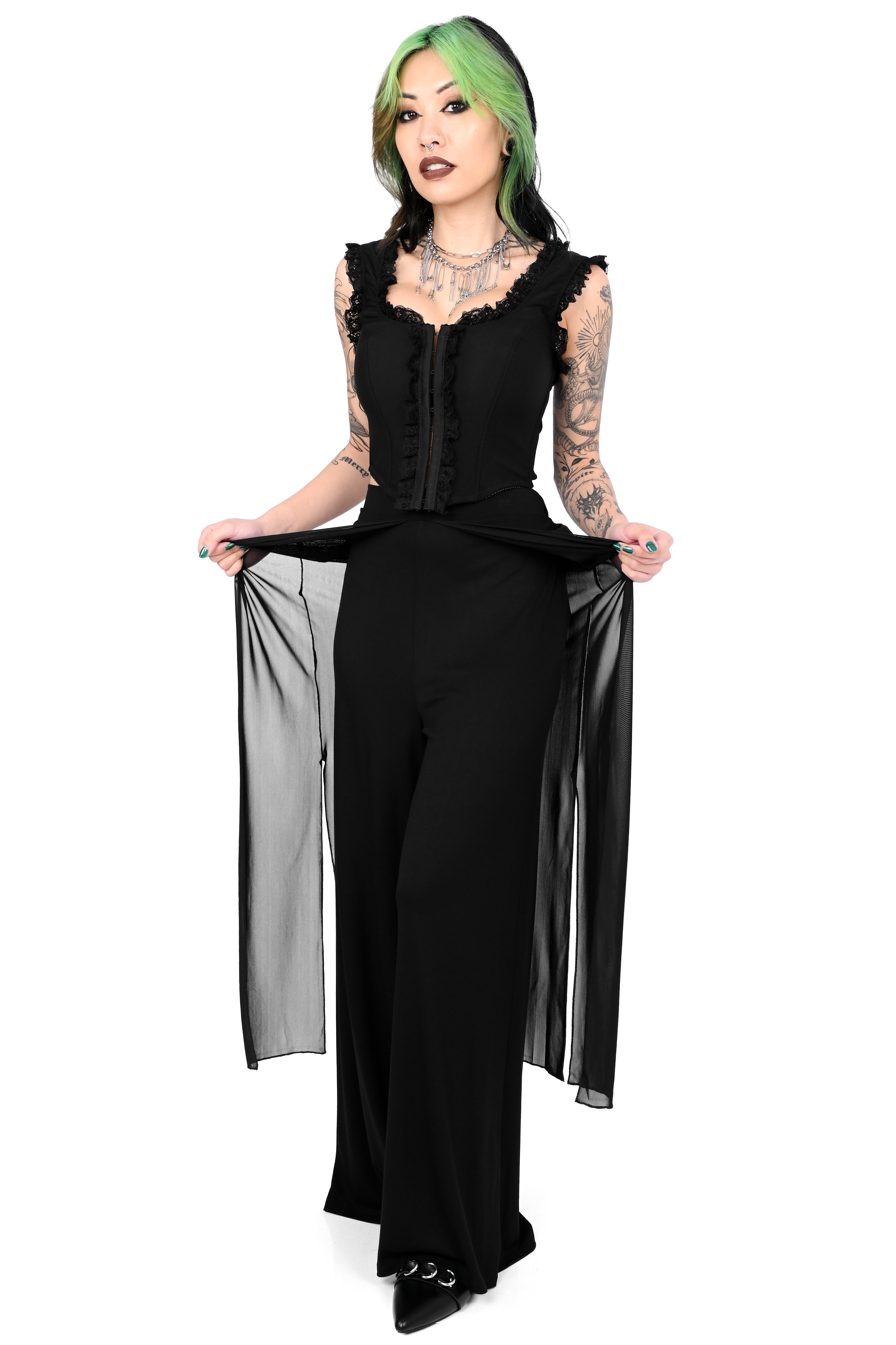 wide leg pants with a layered mesh over skirt