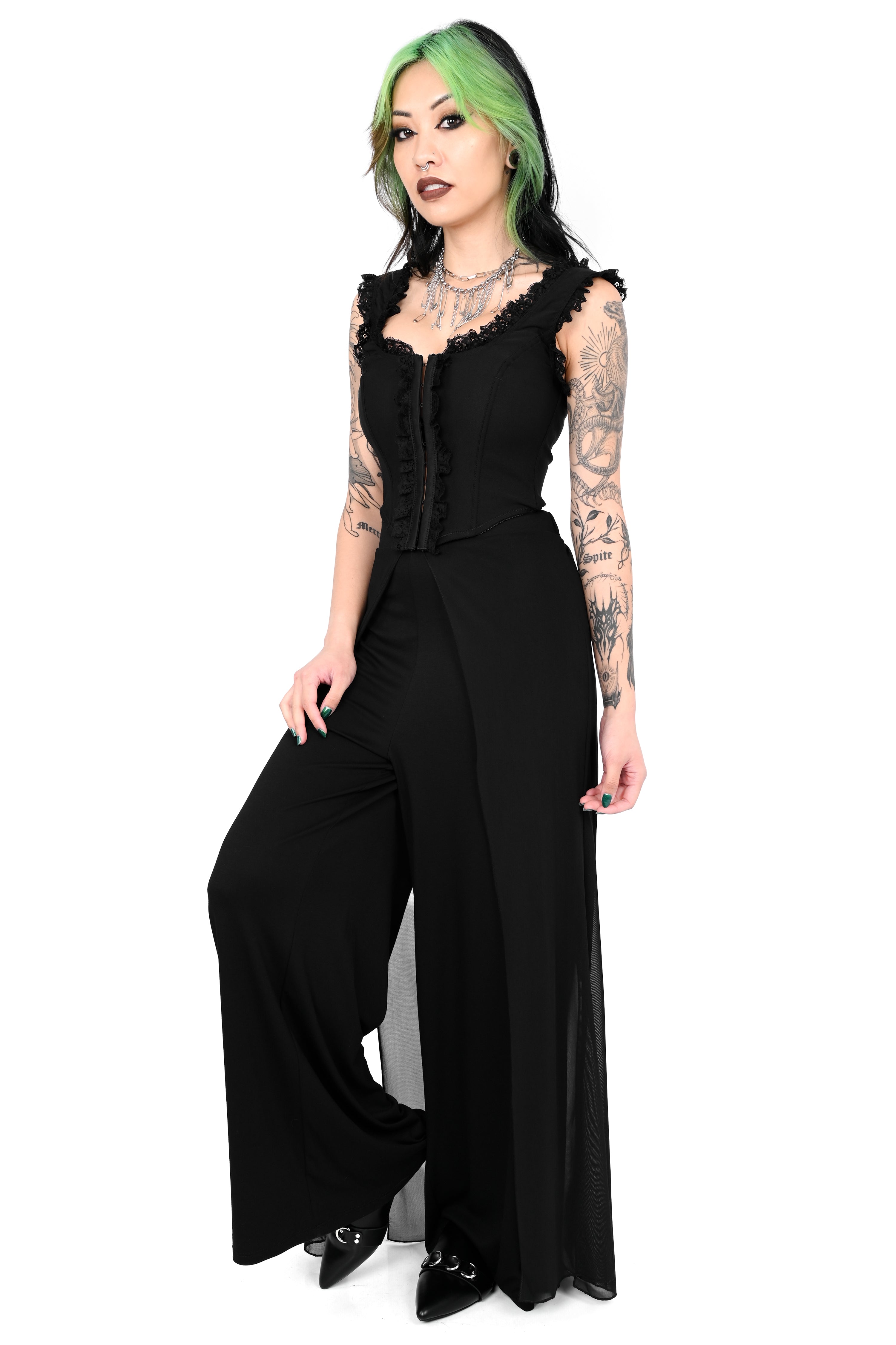 wide leg pants with a layered mesh over skirt