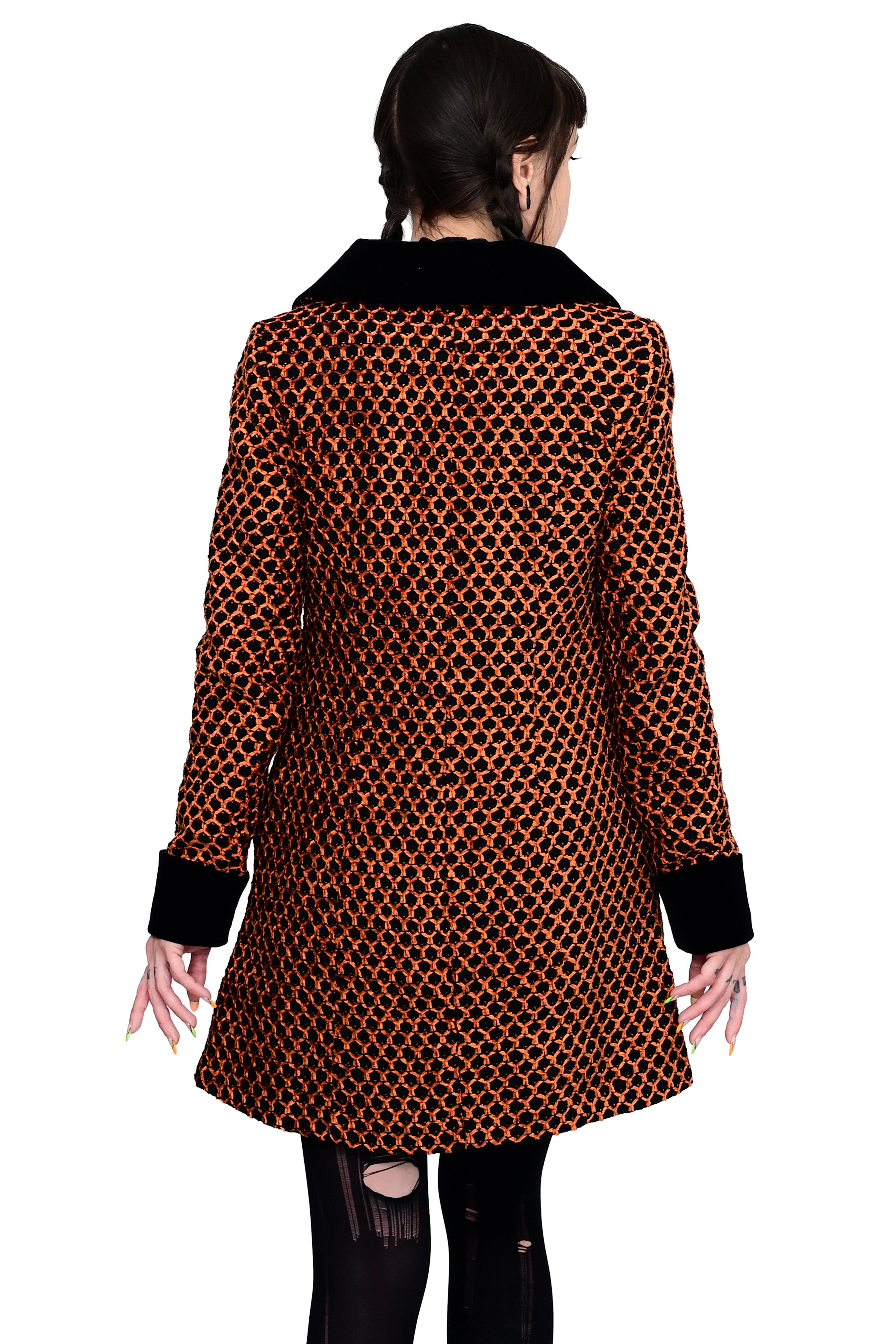 black and orange coat with front button closure