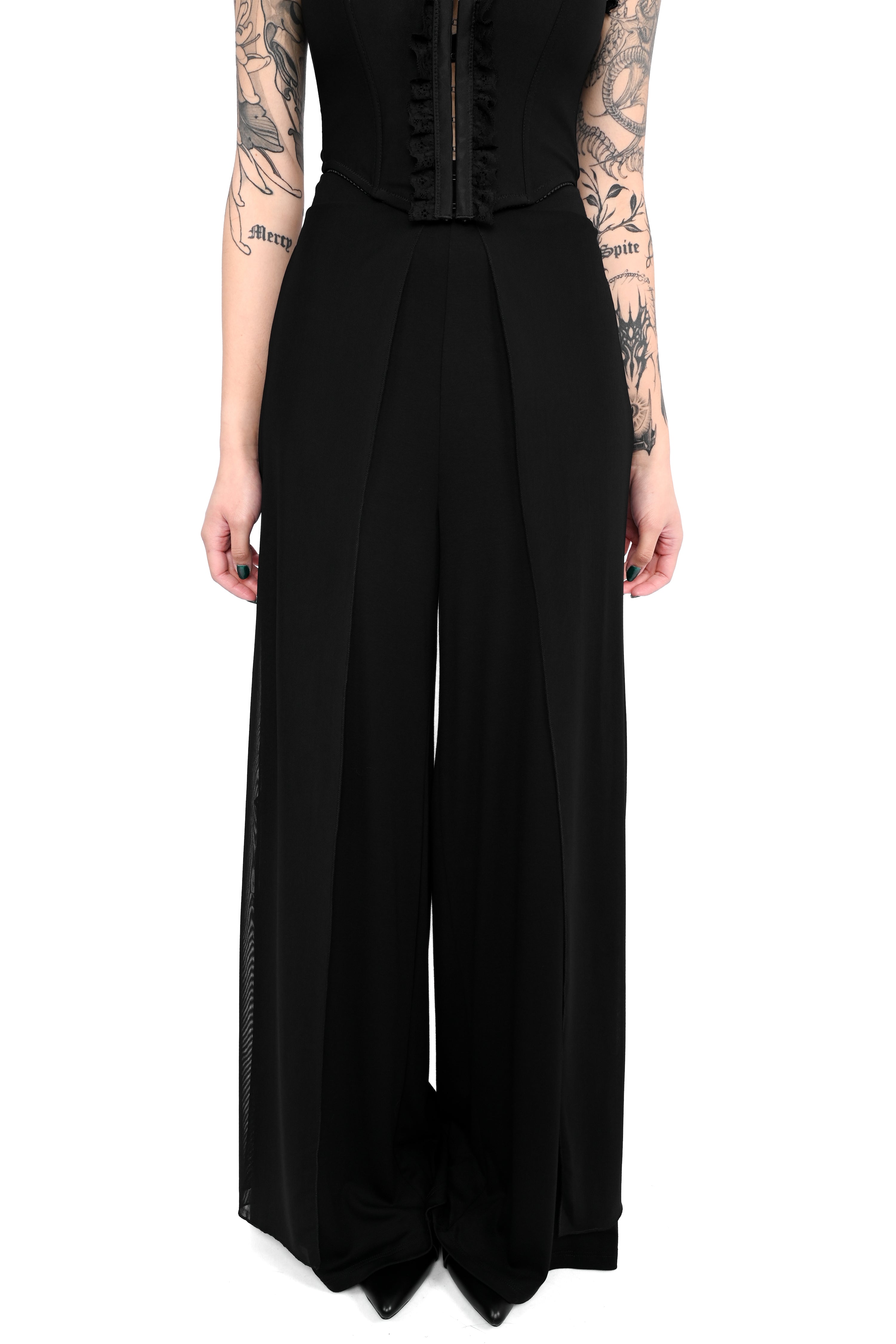 wide leg pants with a layered mesh over skirt