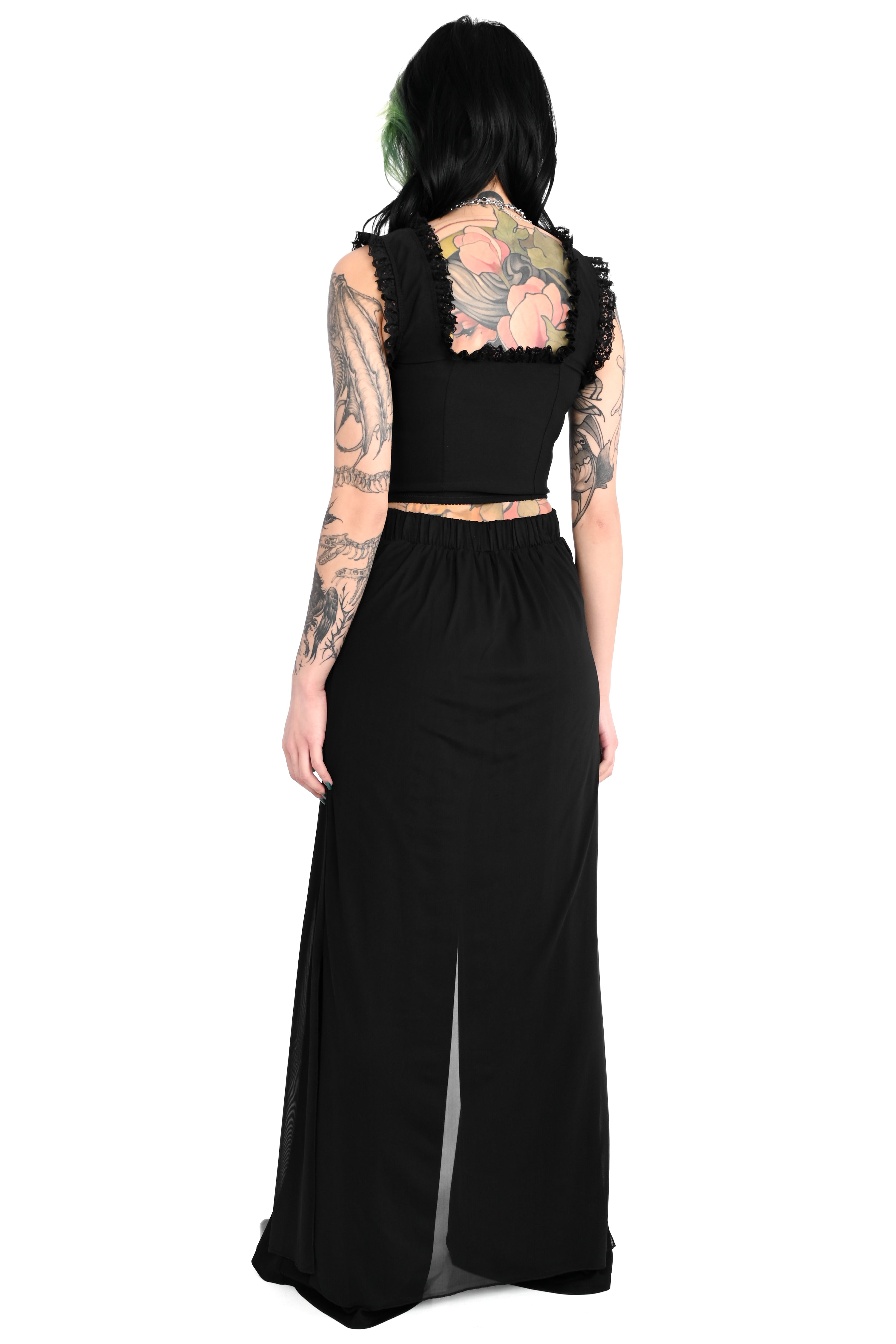 wide leg pants with a layered mesh over skirt
