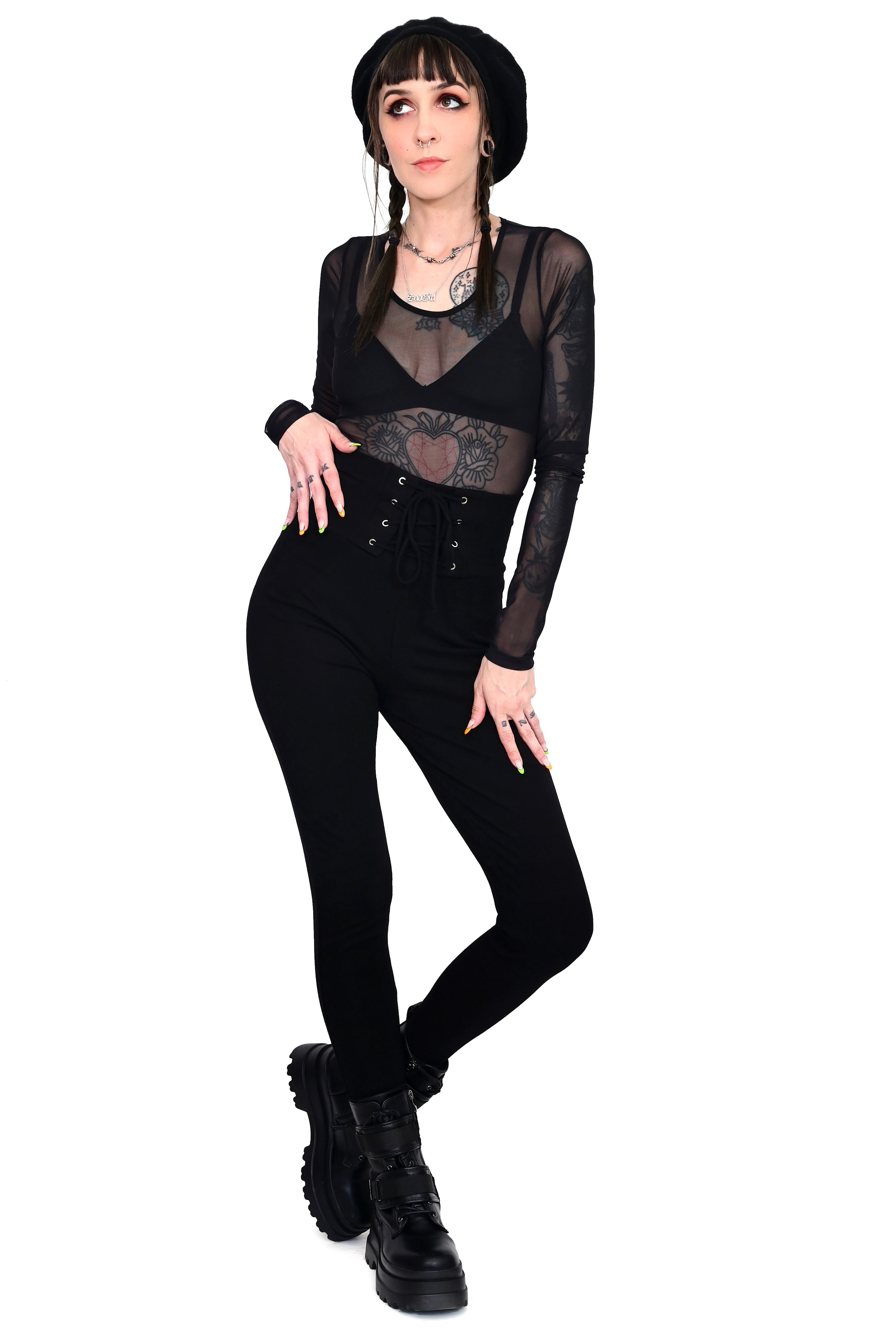 black high waisted leggings with lace up corset front