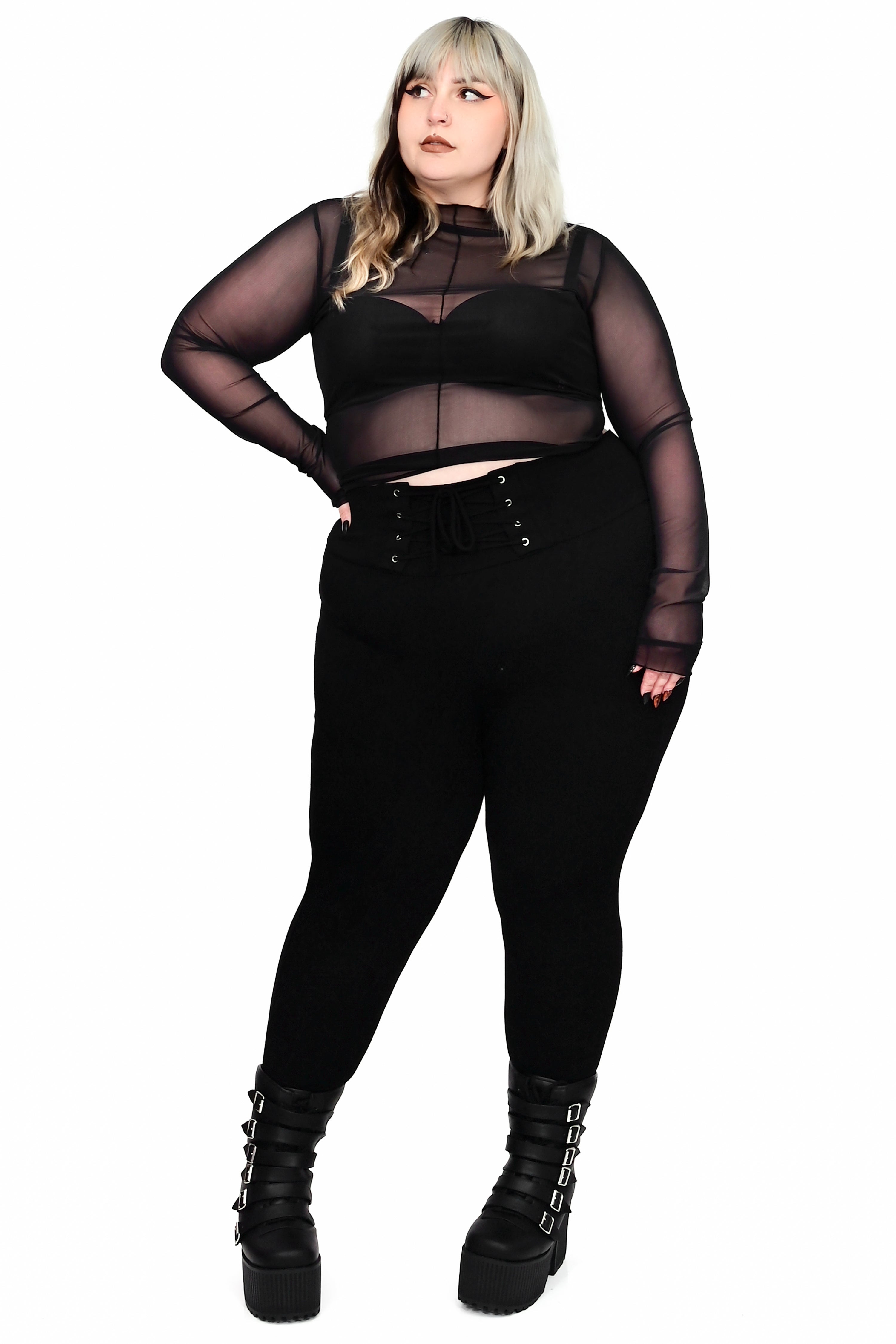 black high waisted leggings with lace up corset front