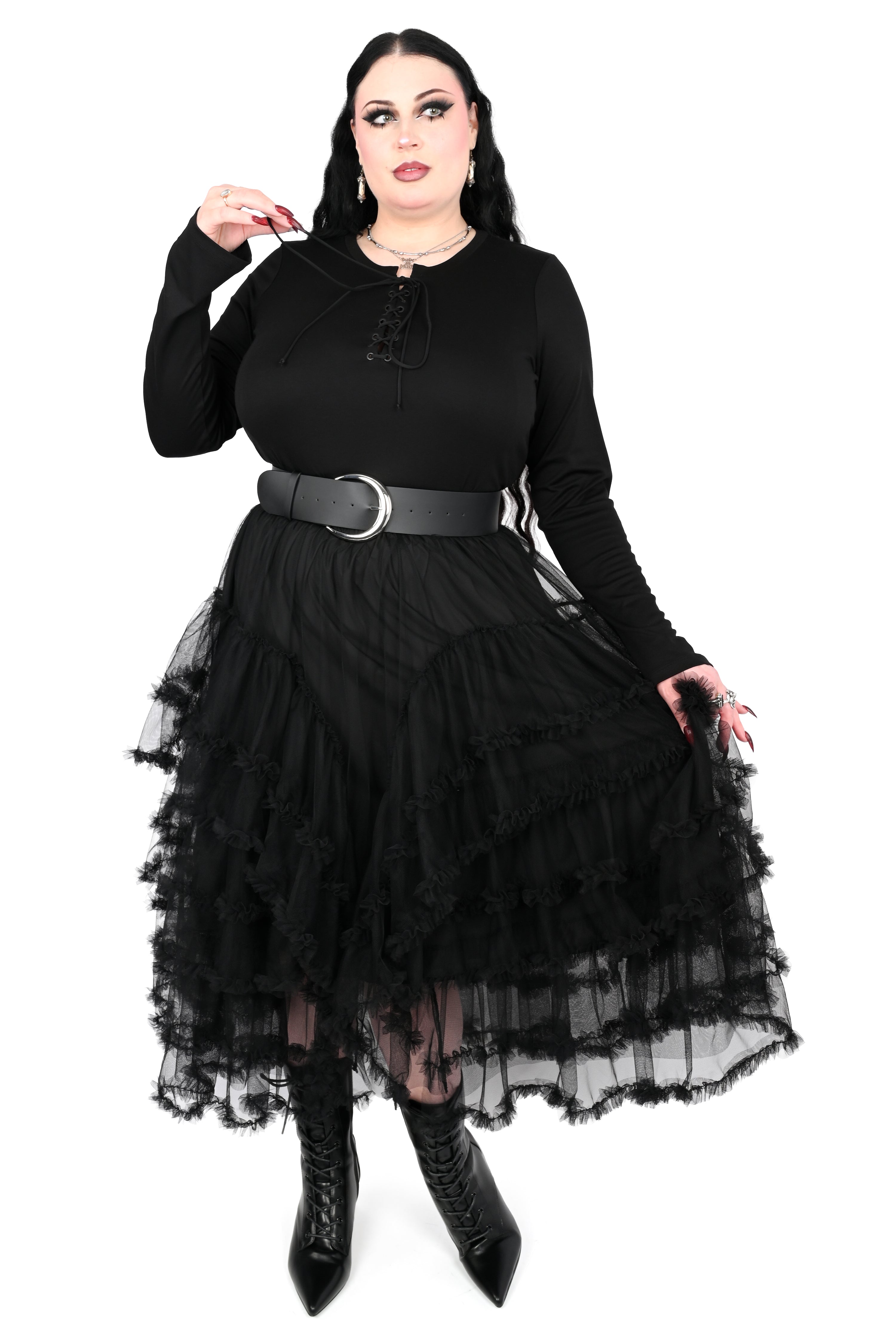 black long sleeve top with lace up front and black grommets
