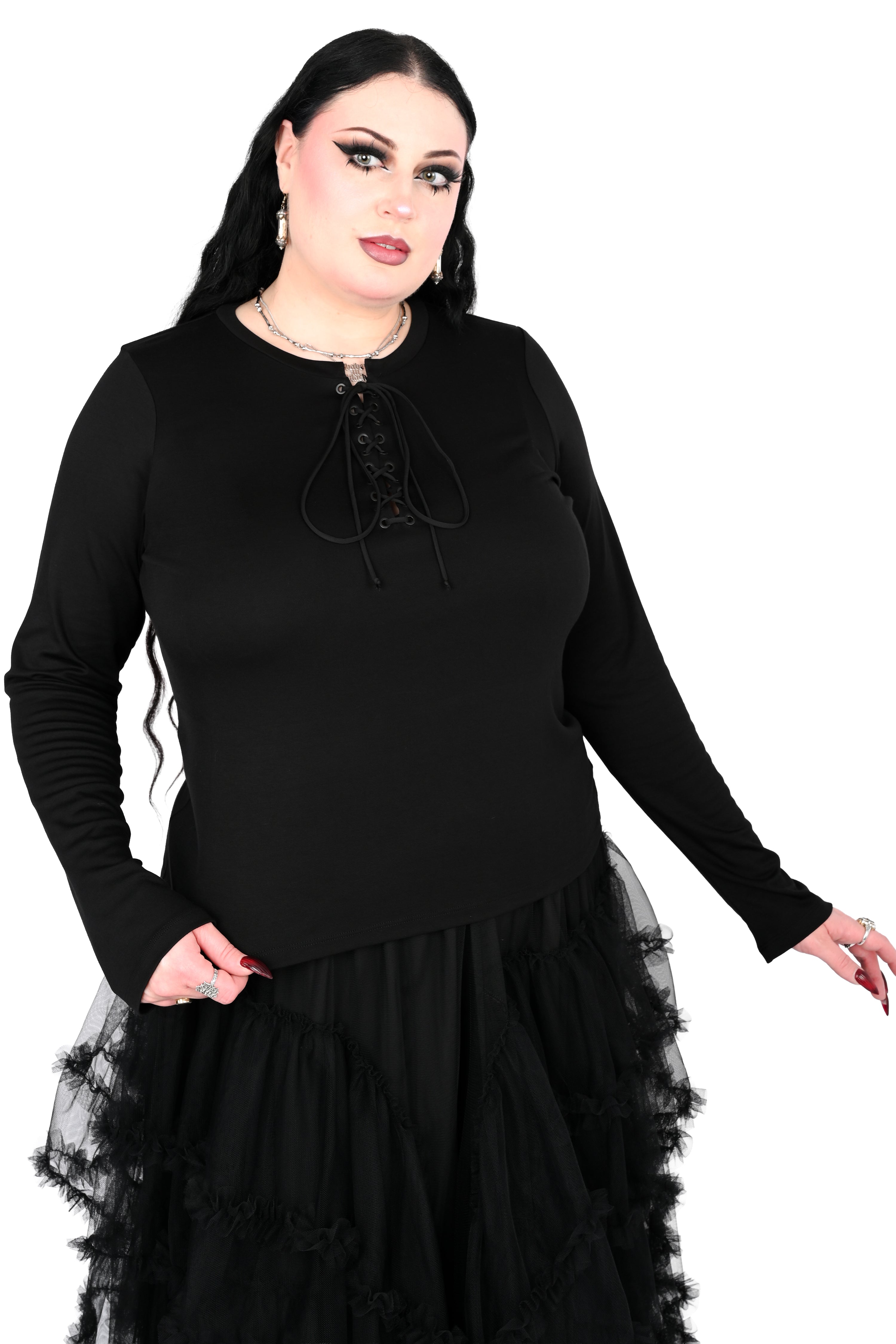 black long sleeve top with lace up front and black grommets