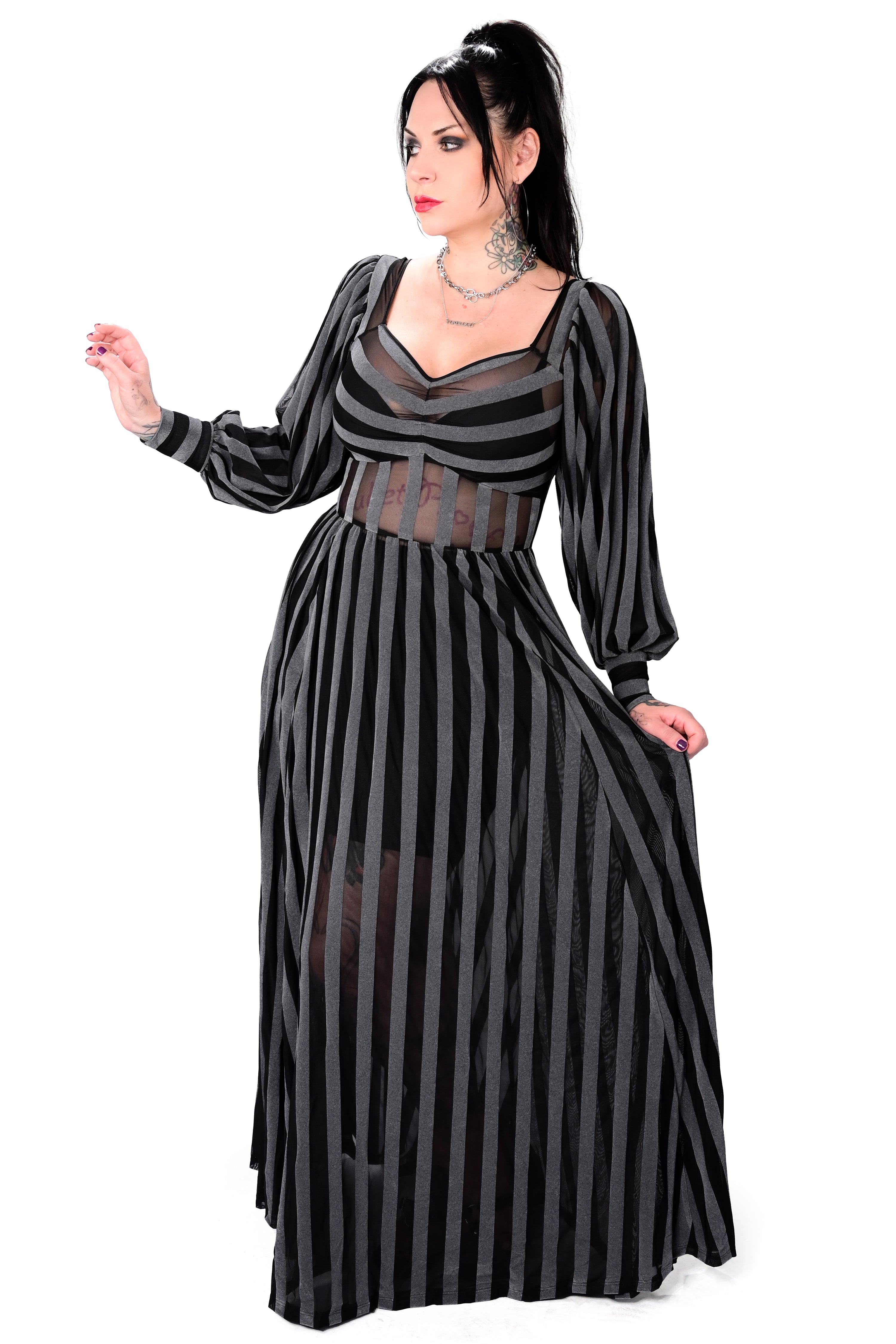 Victoria Striped Mesh Gown - Dark Grey - No Restock - XS/Small/Med left!