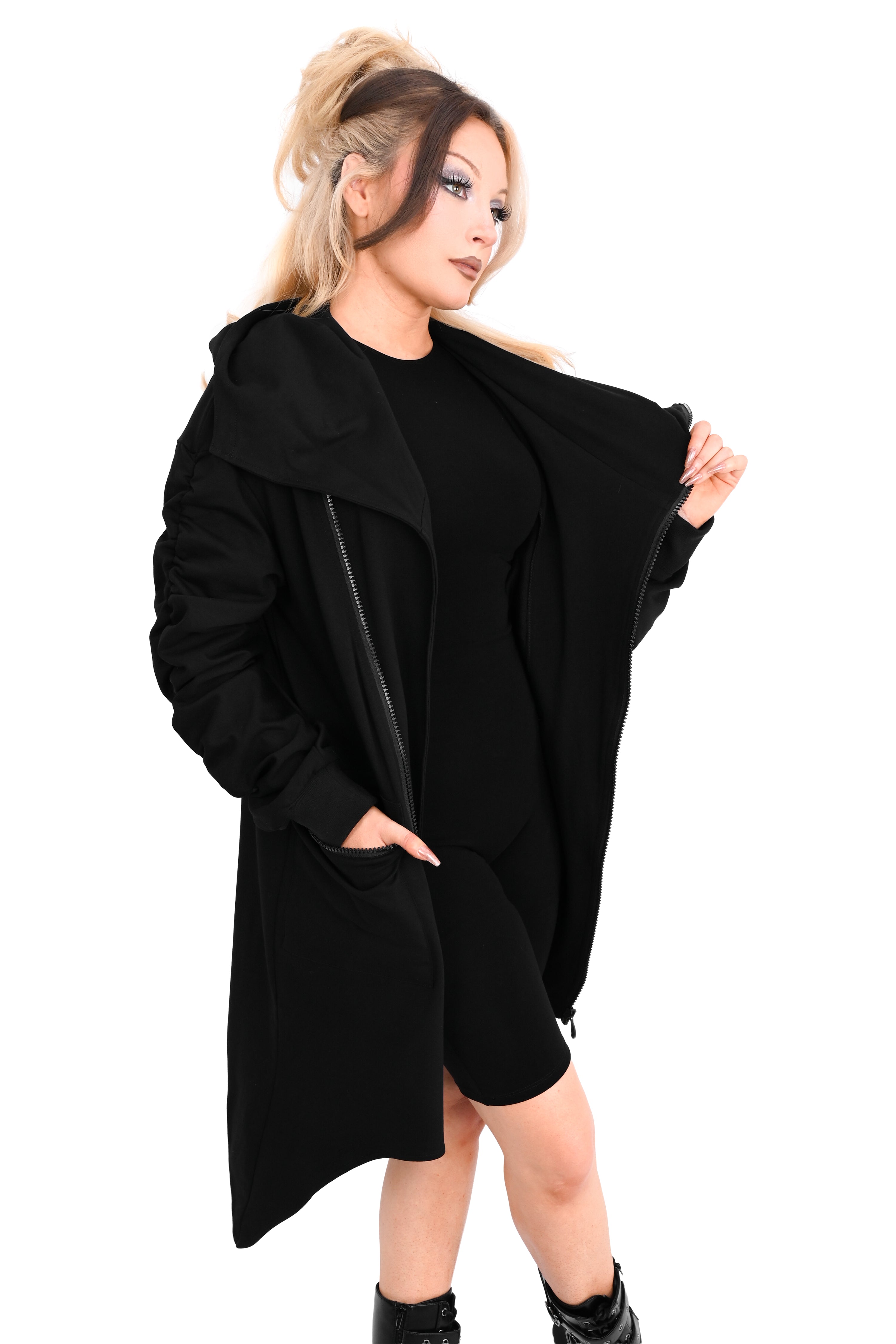asymmetrical zip up cardigan with pockets