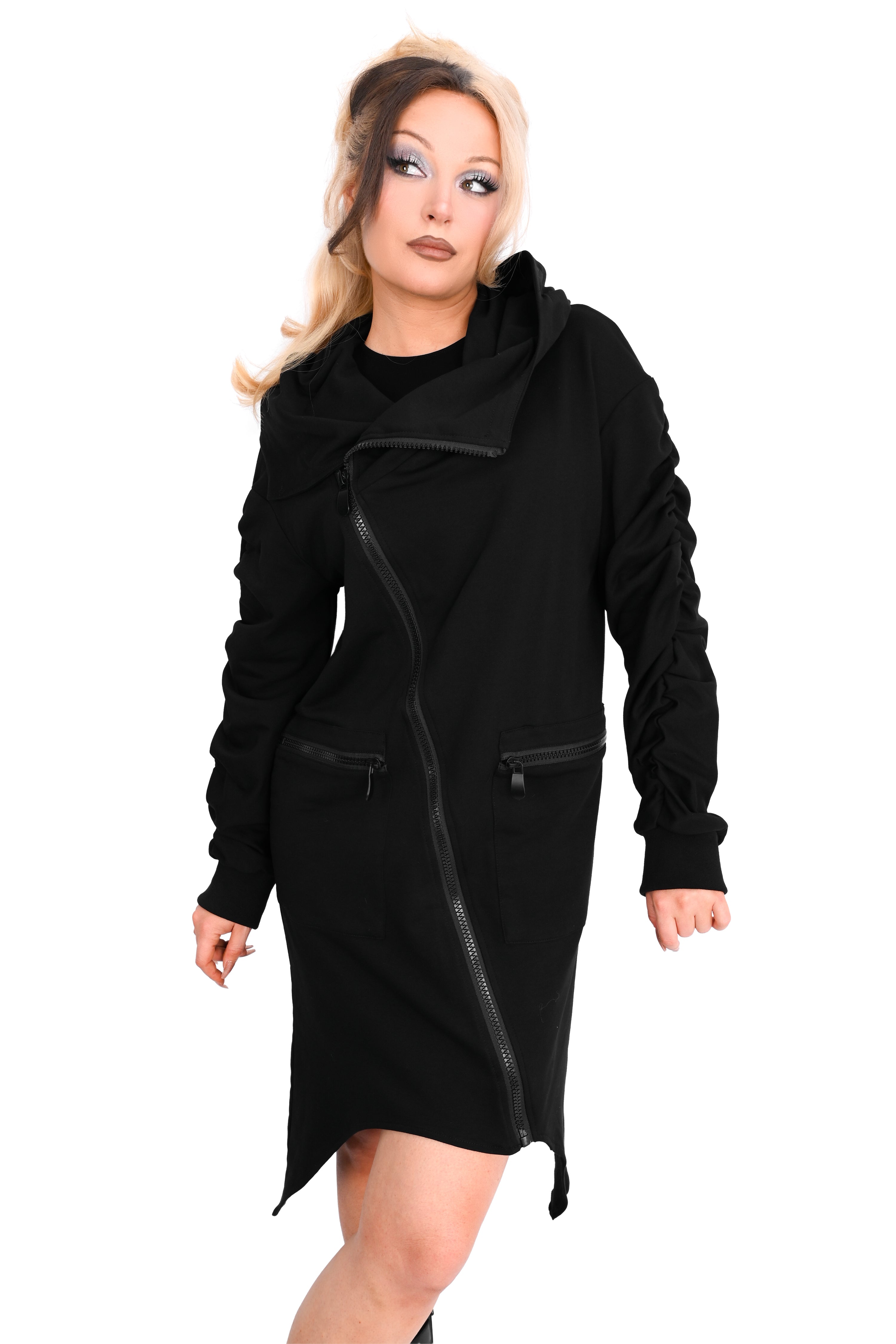 asymmetrical zip up cardigan with pockets