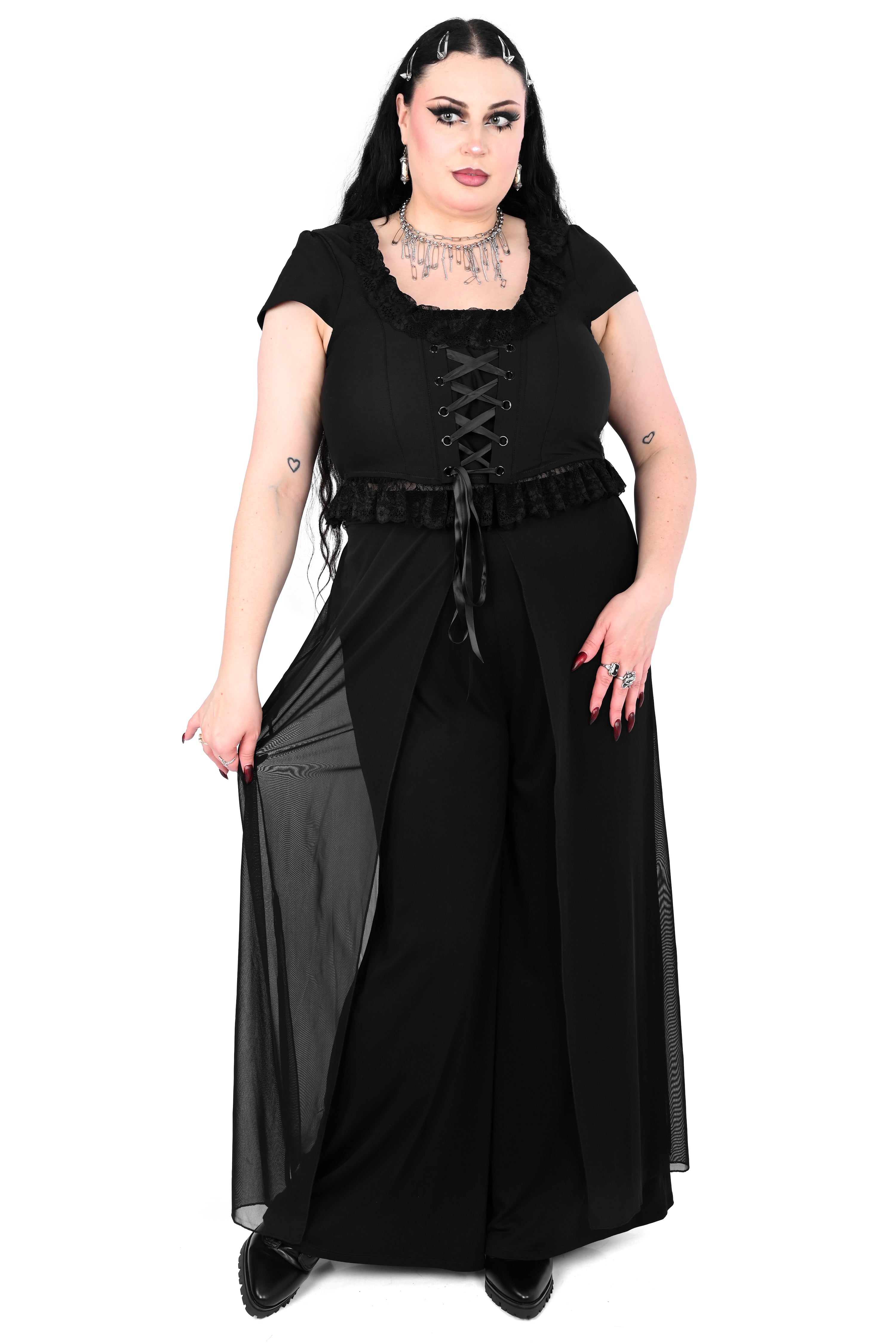 wide leg pants with a layered mesh over skirt