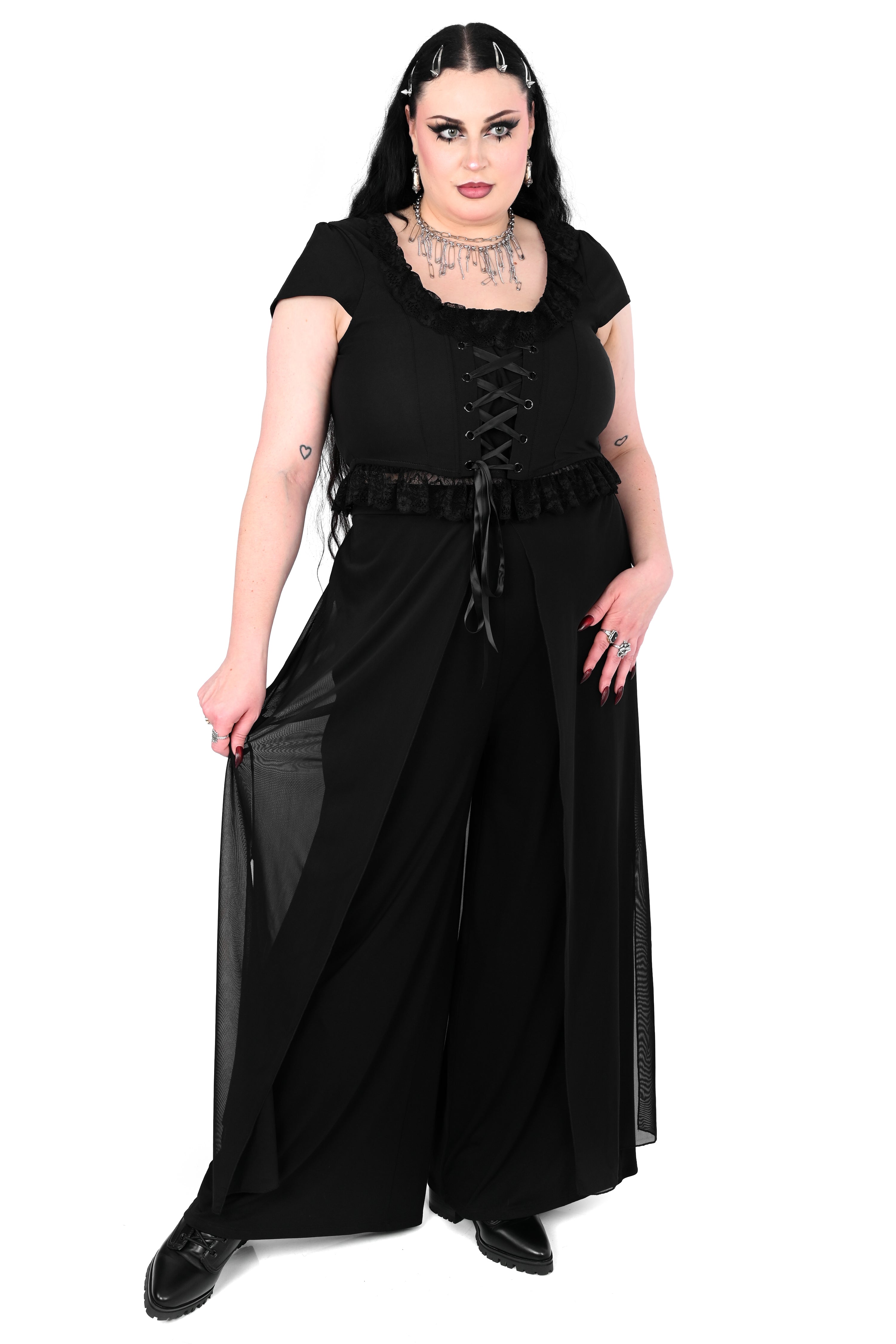 wide leg pants with a layered mesh over skirt