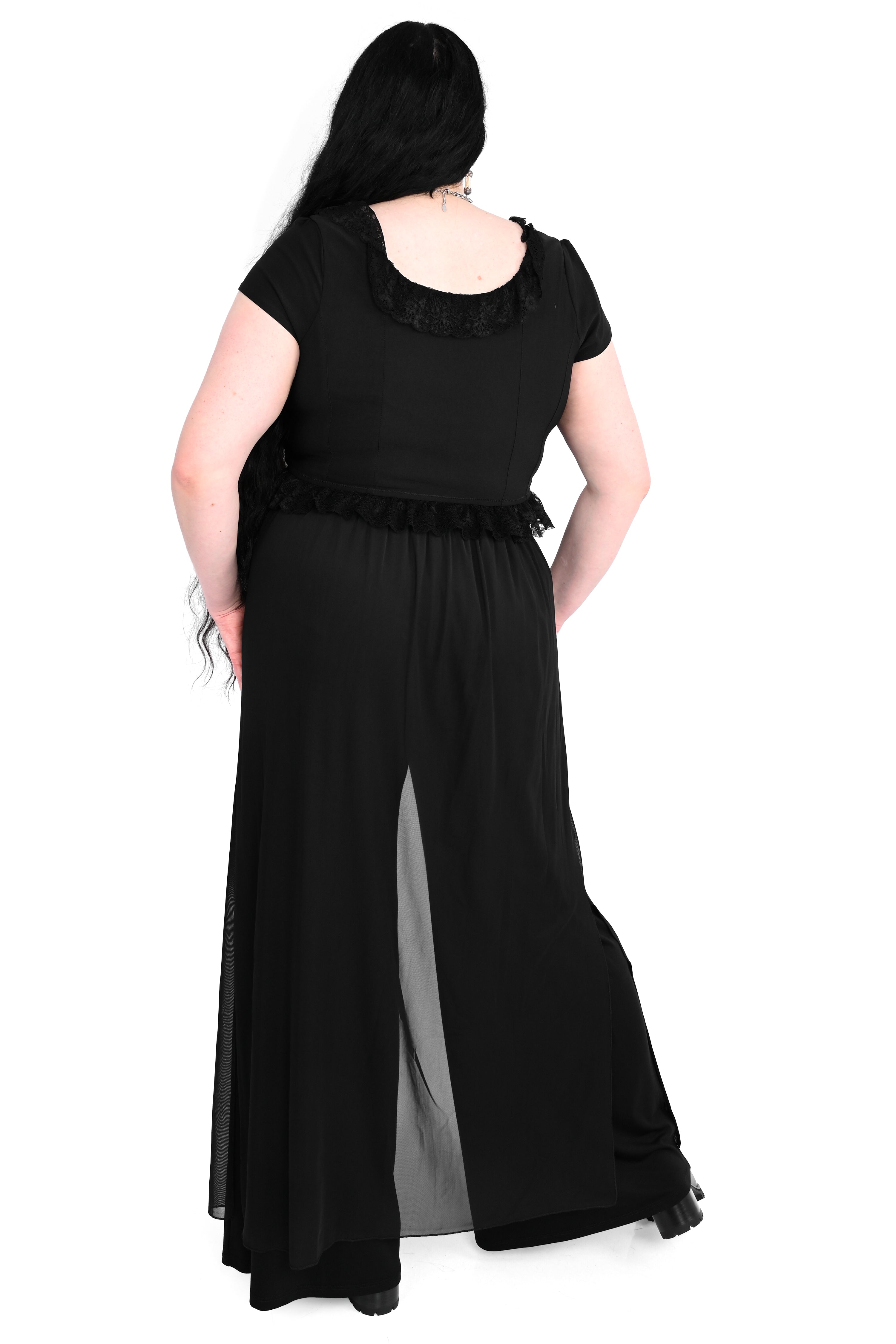 wide leg pants with a layered mesh over skirt