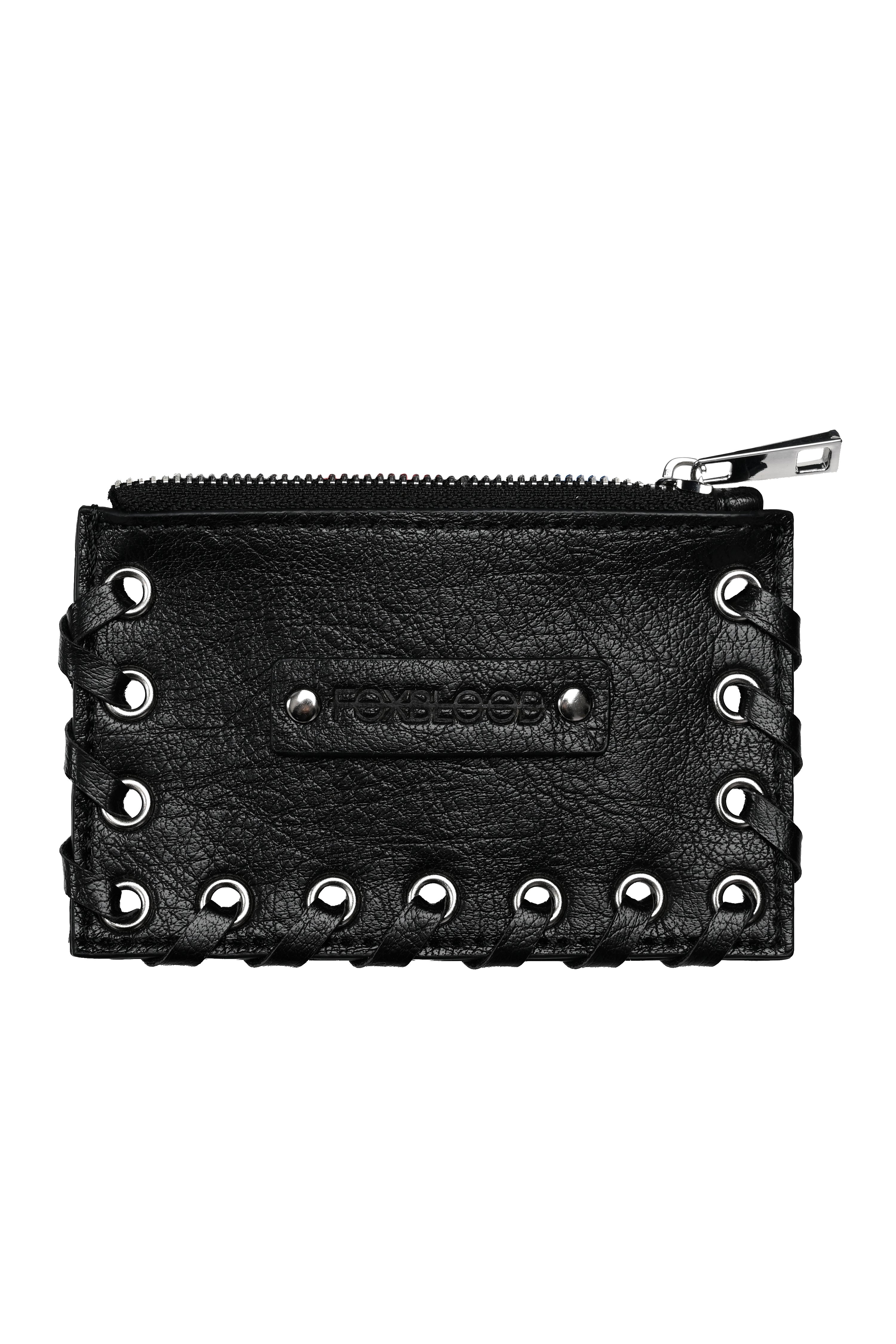 mini vegan leather zipper pouch with cording all around the edges