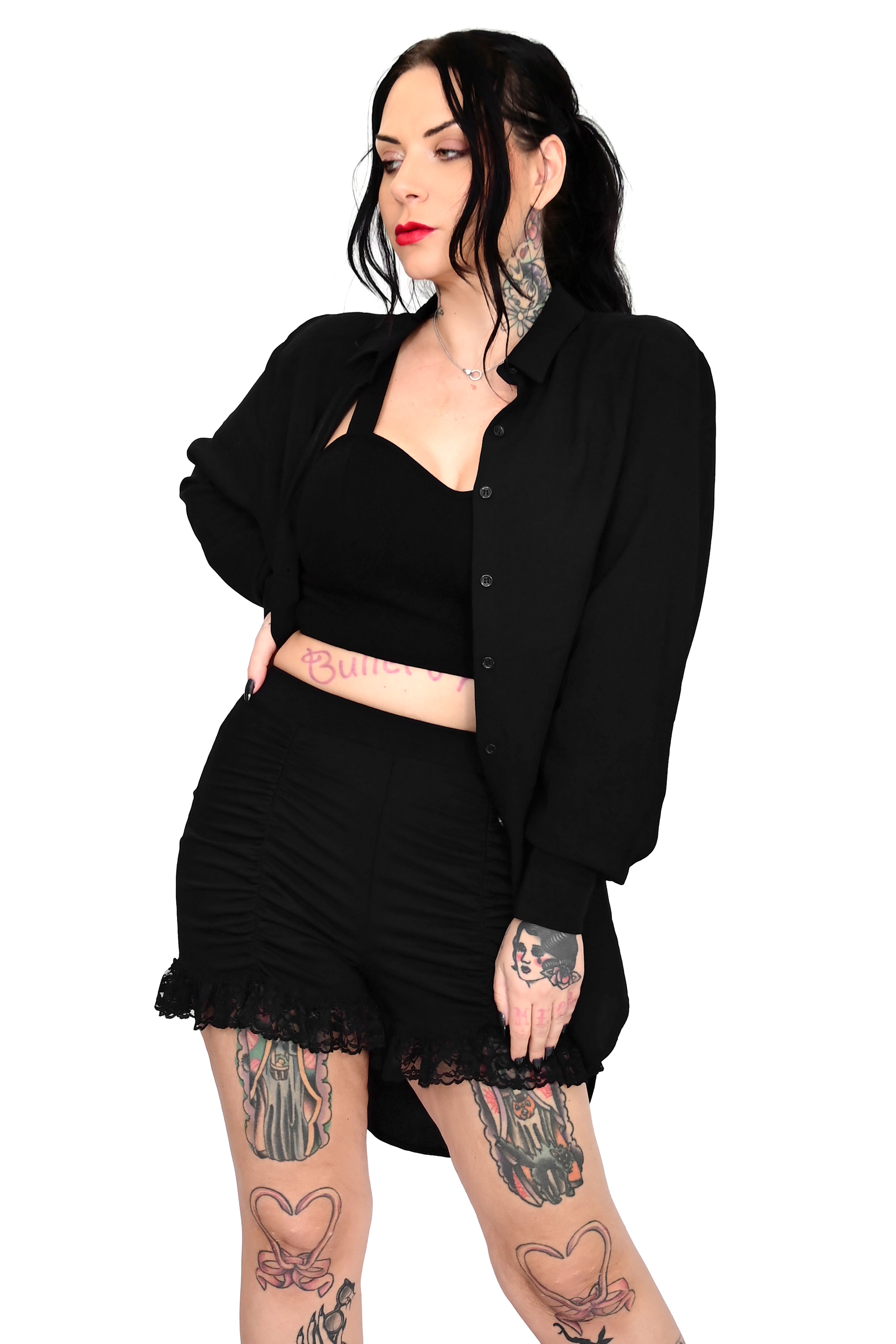 black ruched bloomer shorts with lace bottom hem