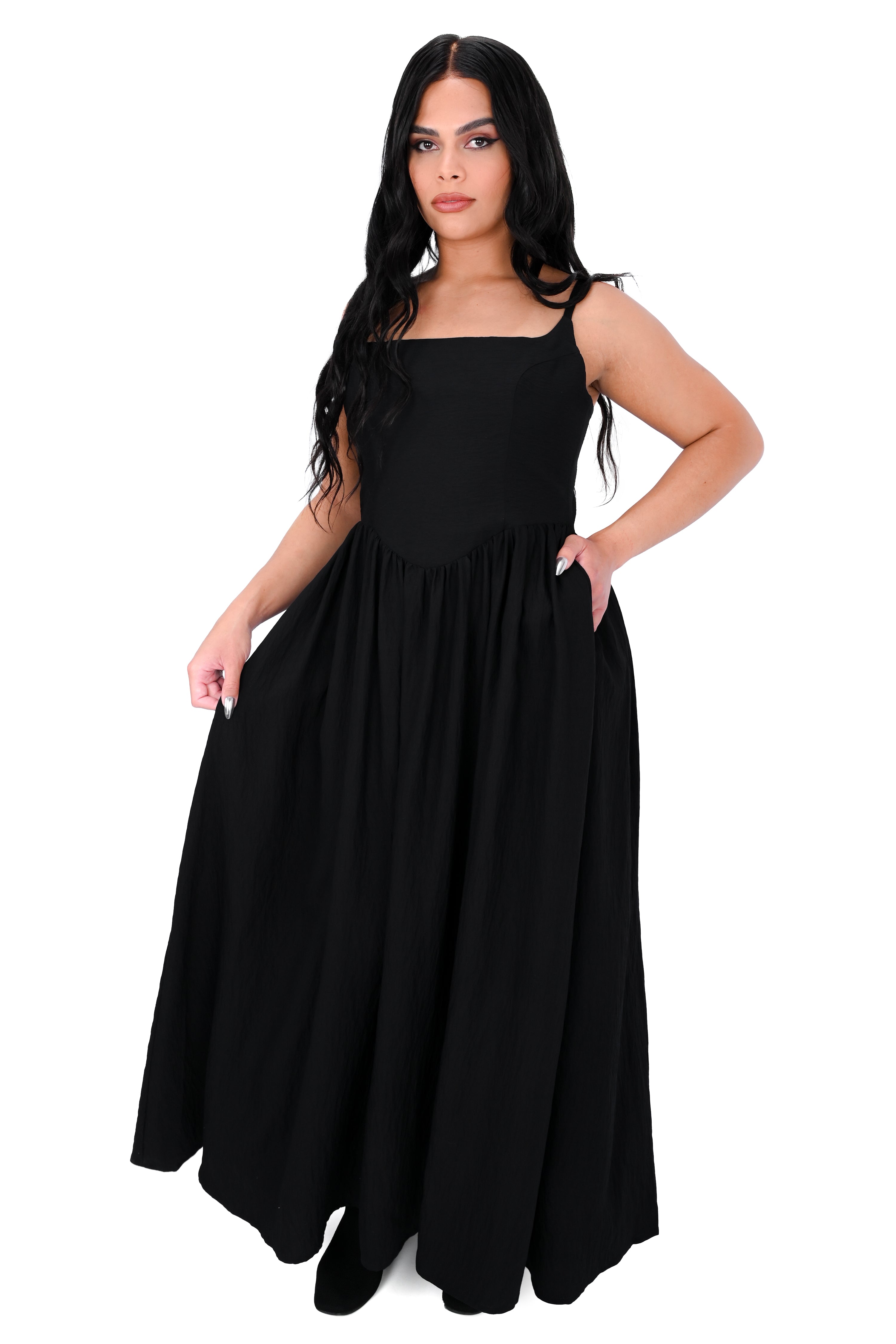 black aerobin maxi dress with spaghetti straps and smocked/zipper back