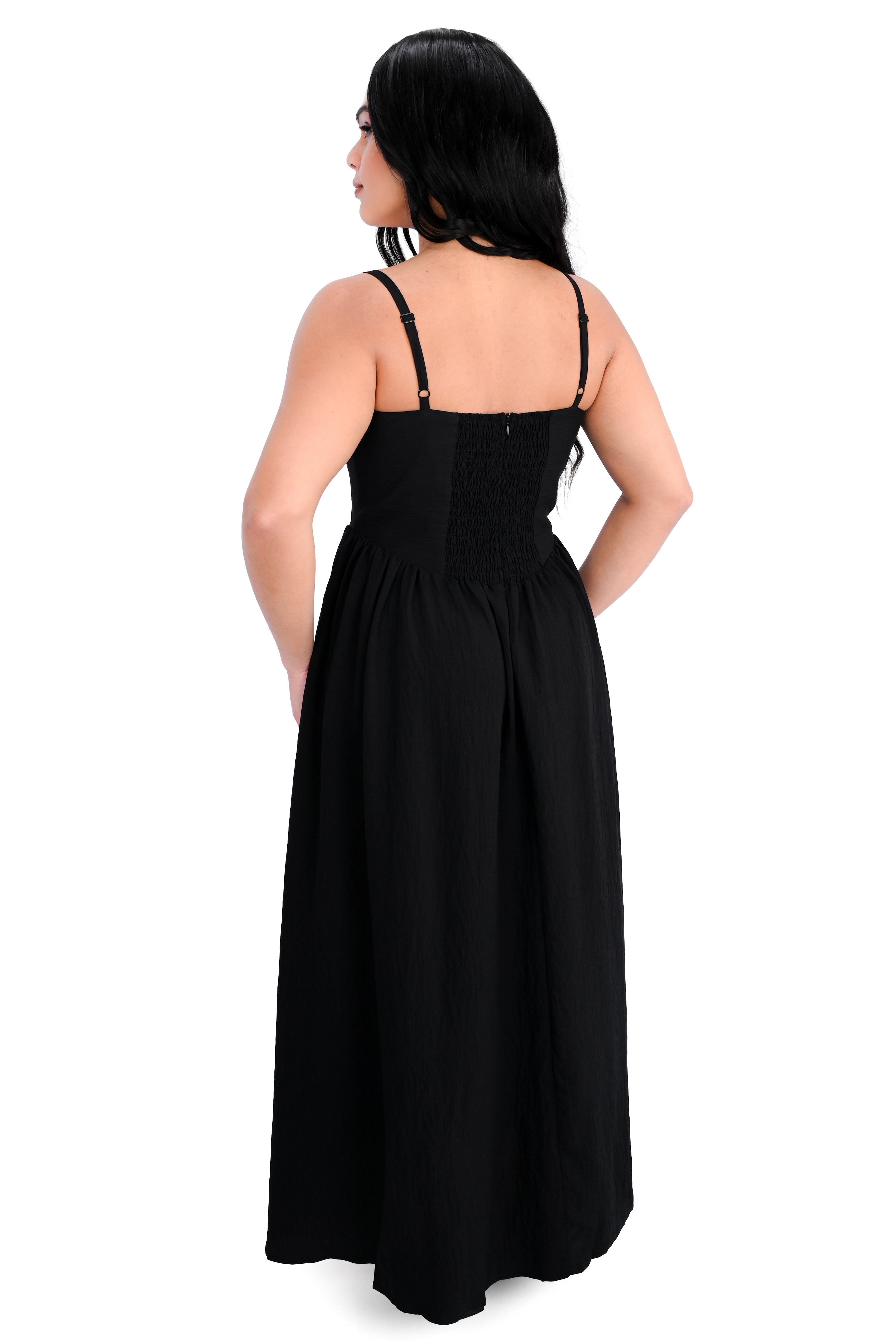 black aerobin maxi dress with spaghetti straps and smocked/zipper back