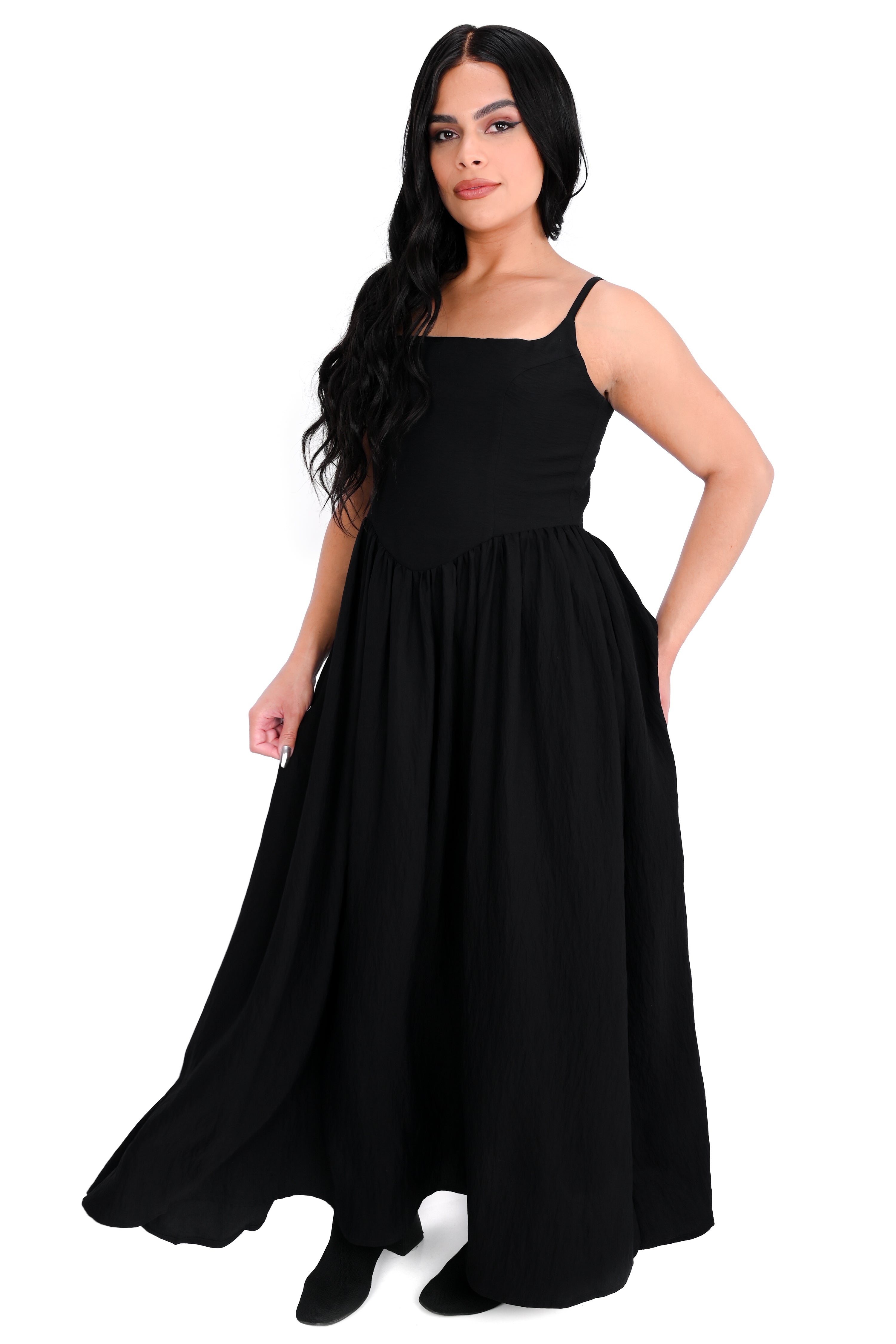black aerobin maxi dress with spaghetti straps and smocked/zipper back