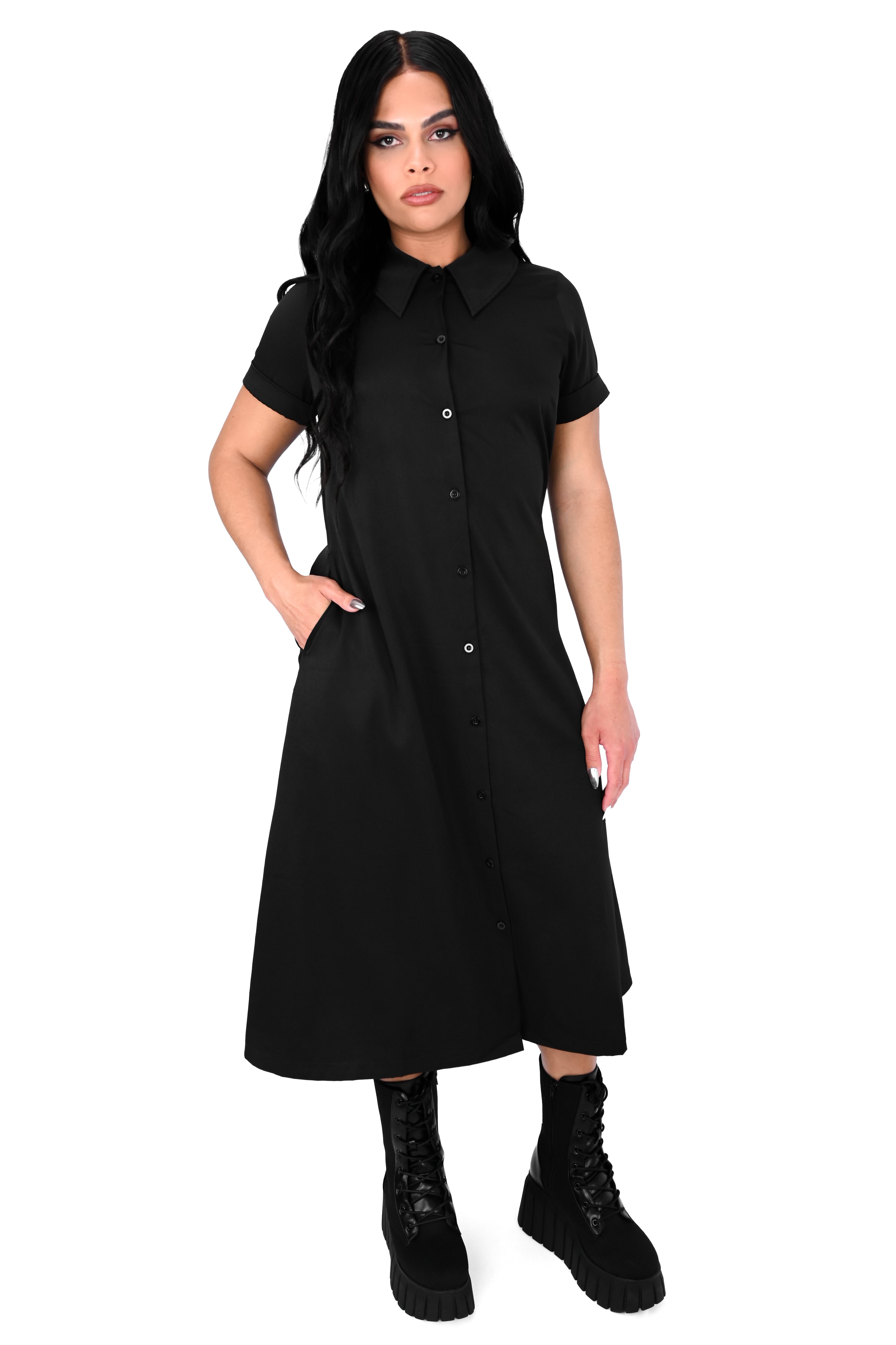black button up short sleeve midi dress