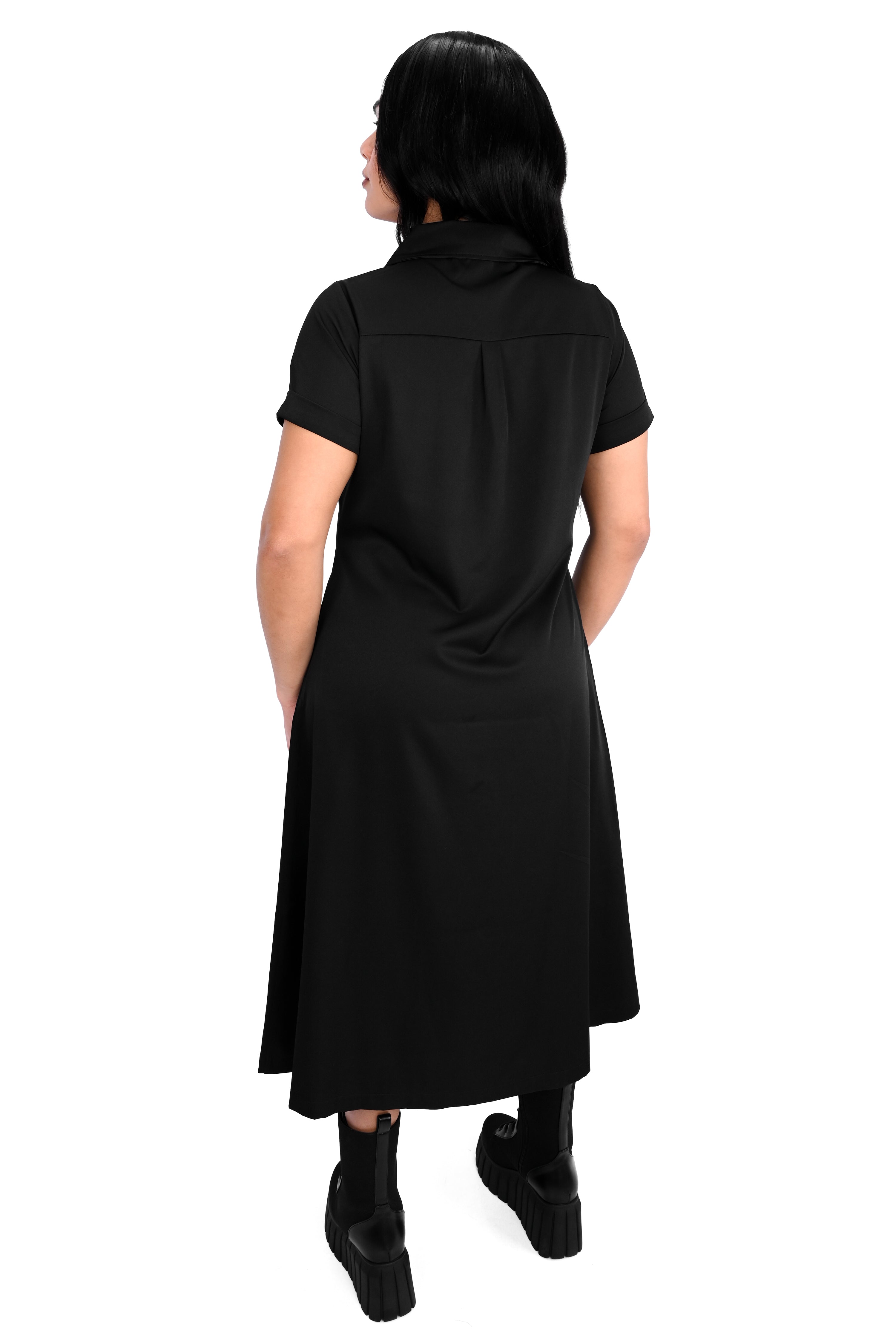 black button up short sleeve midi dress