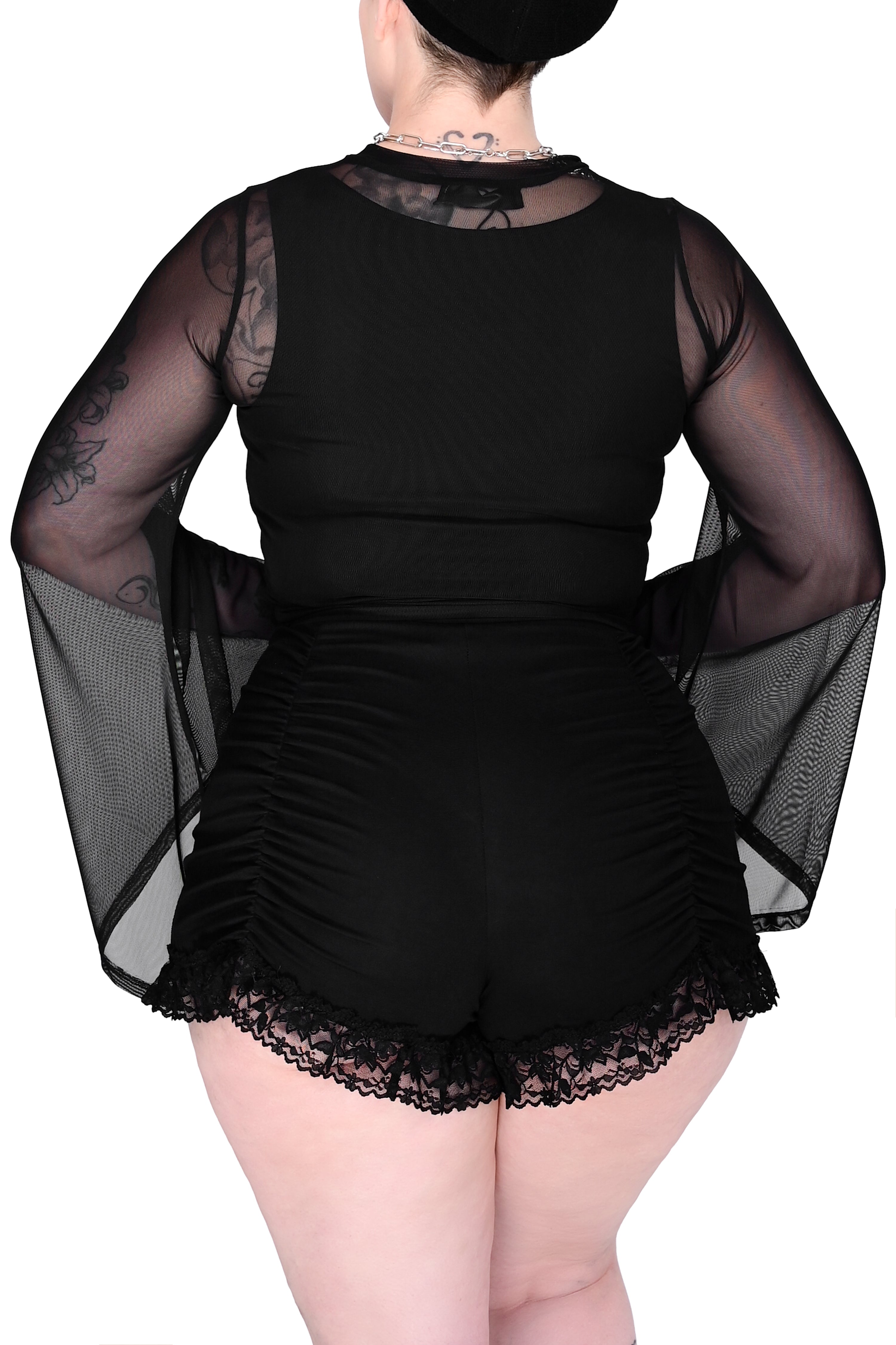 black ruched bloomer shorts with lace bottom hem