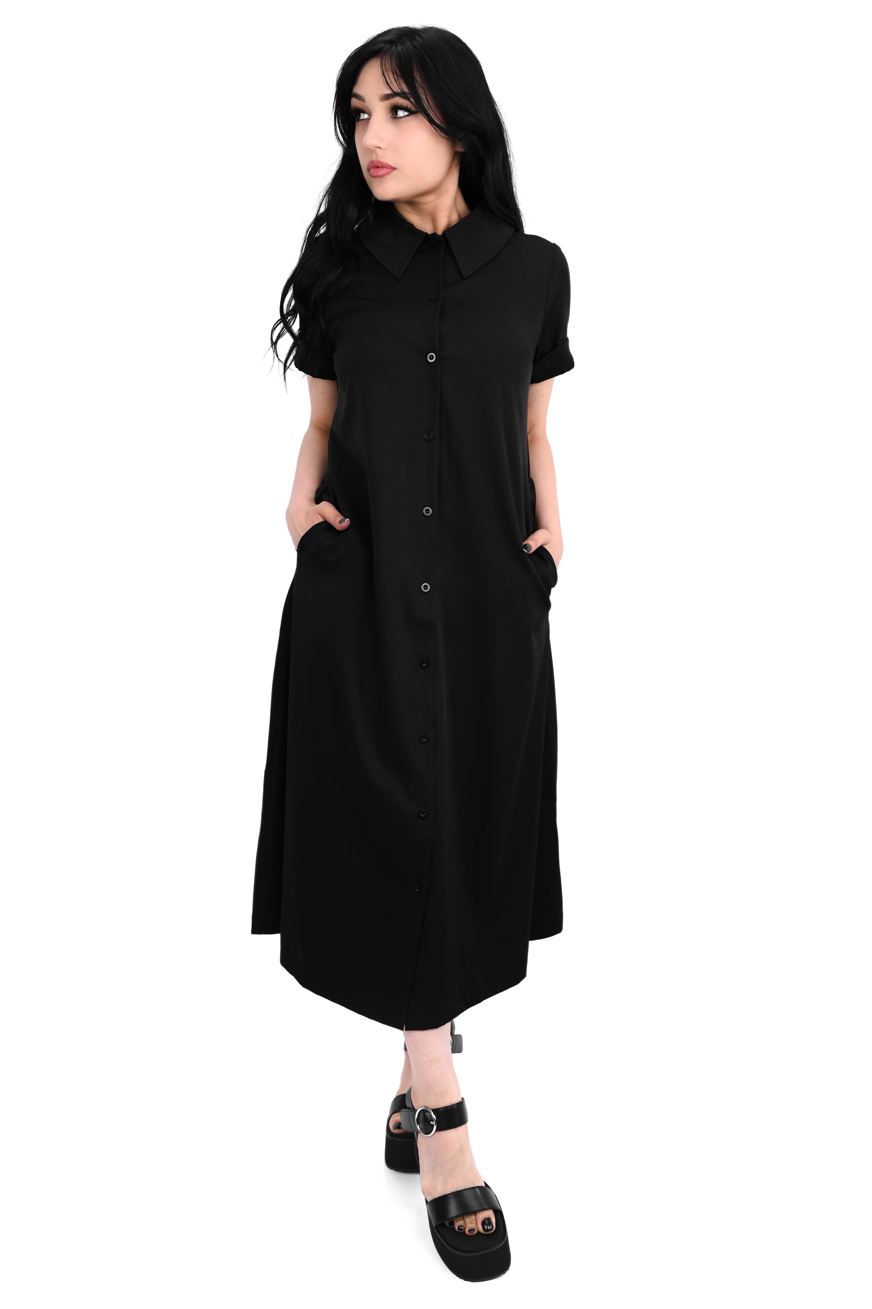 black button up short sleeve midi dress