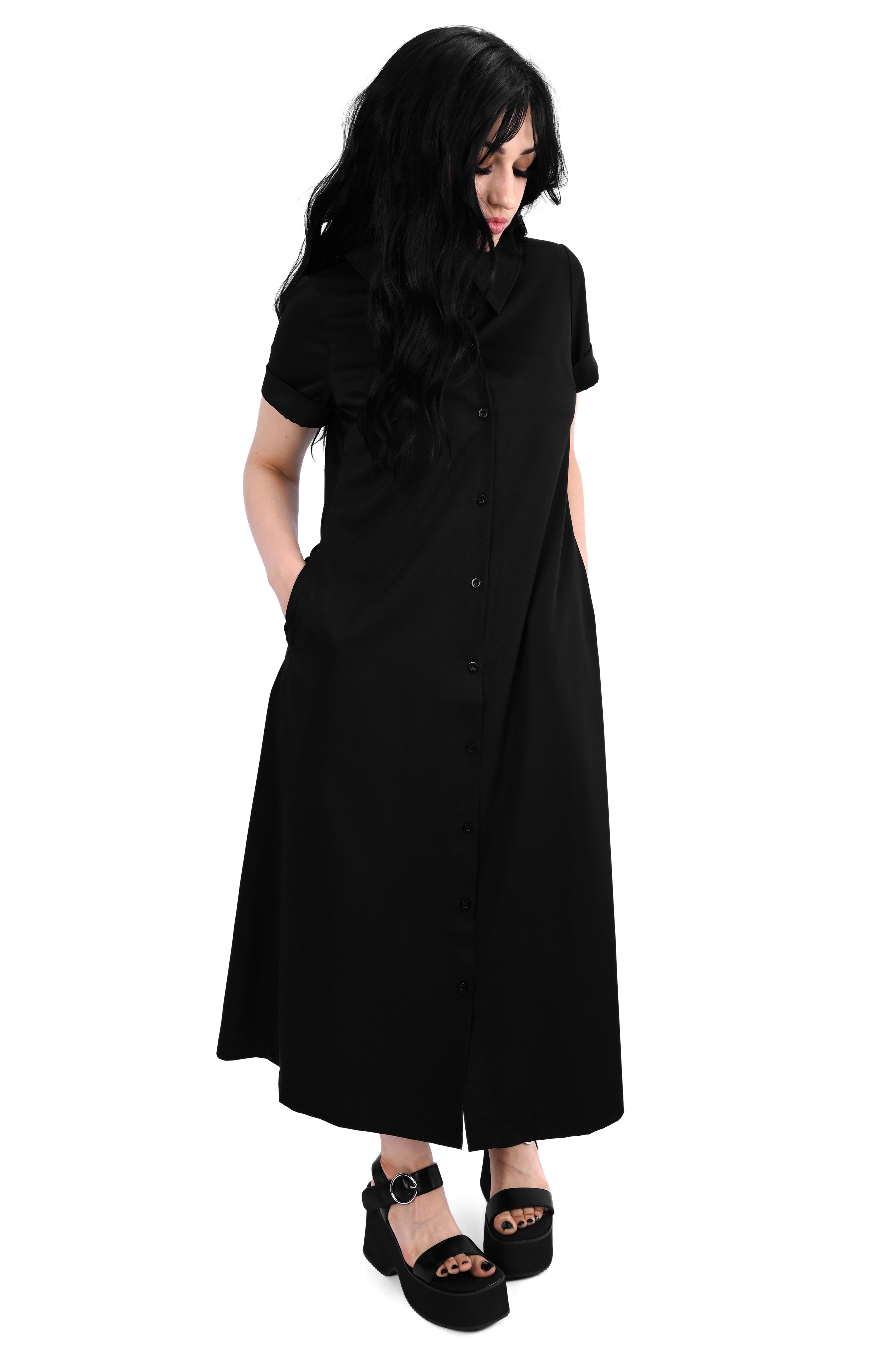 black button up short sleeve midi dress
