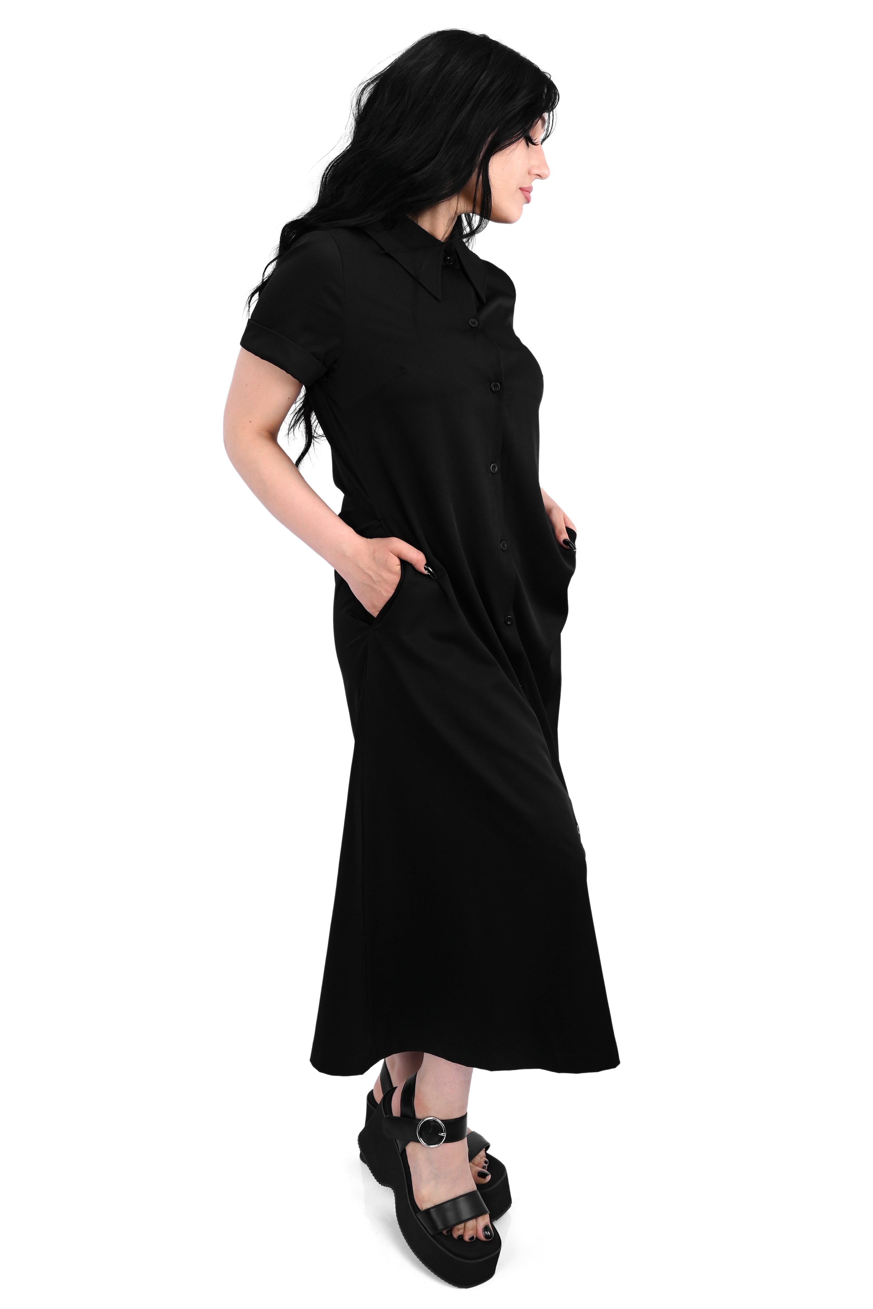 black button up short sleeve midi dress