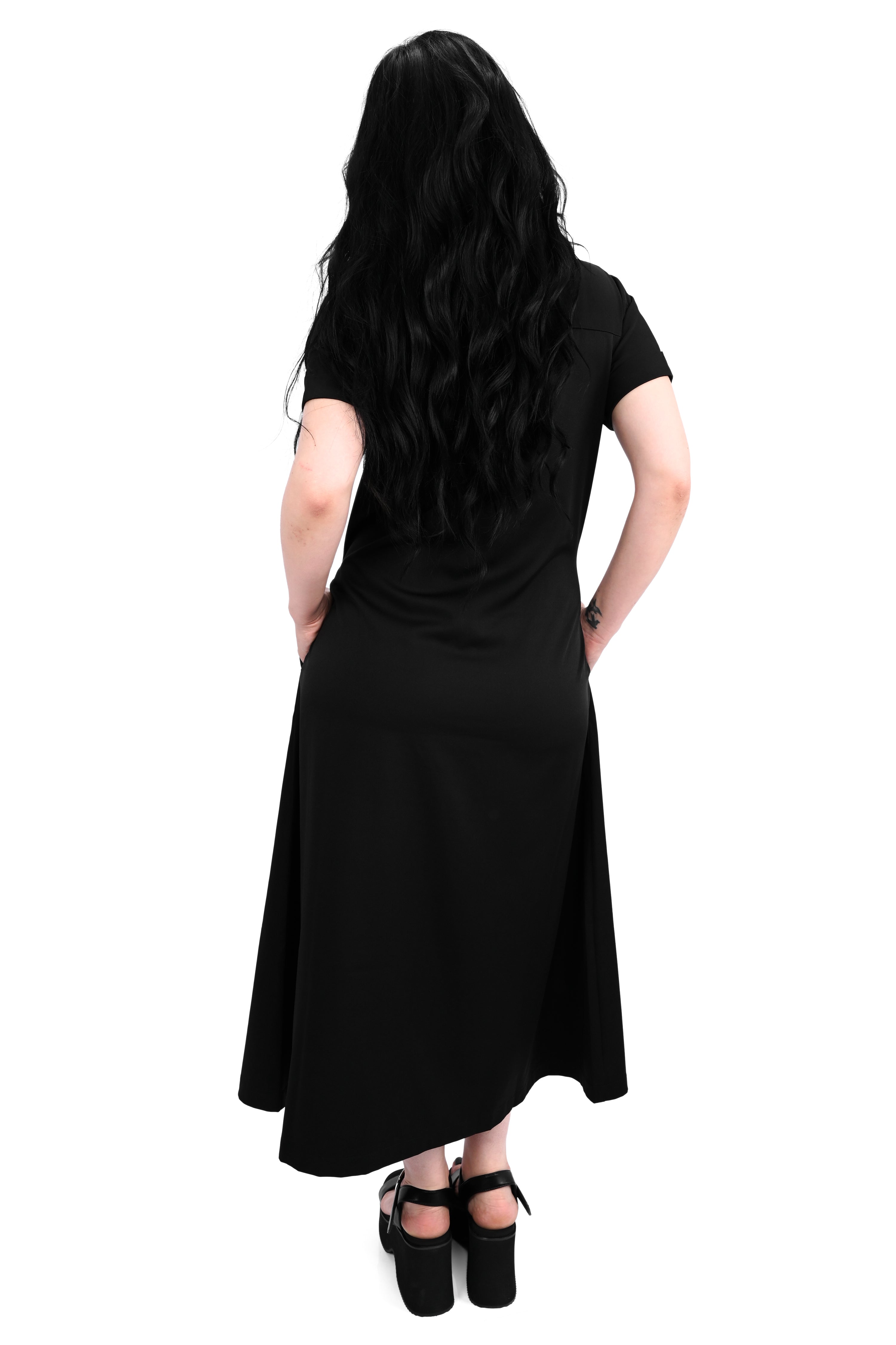 black button up short sleeve midi dress