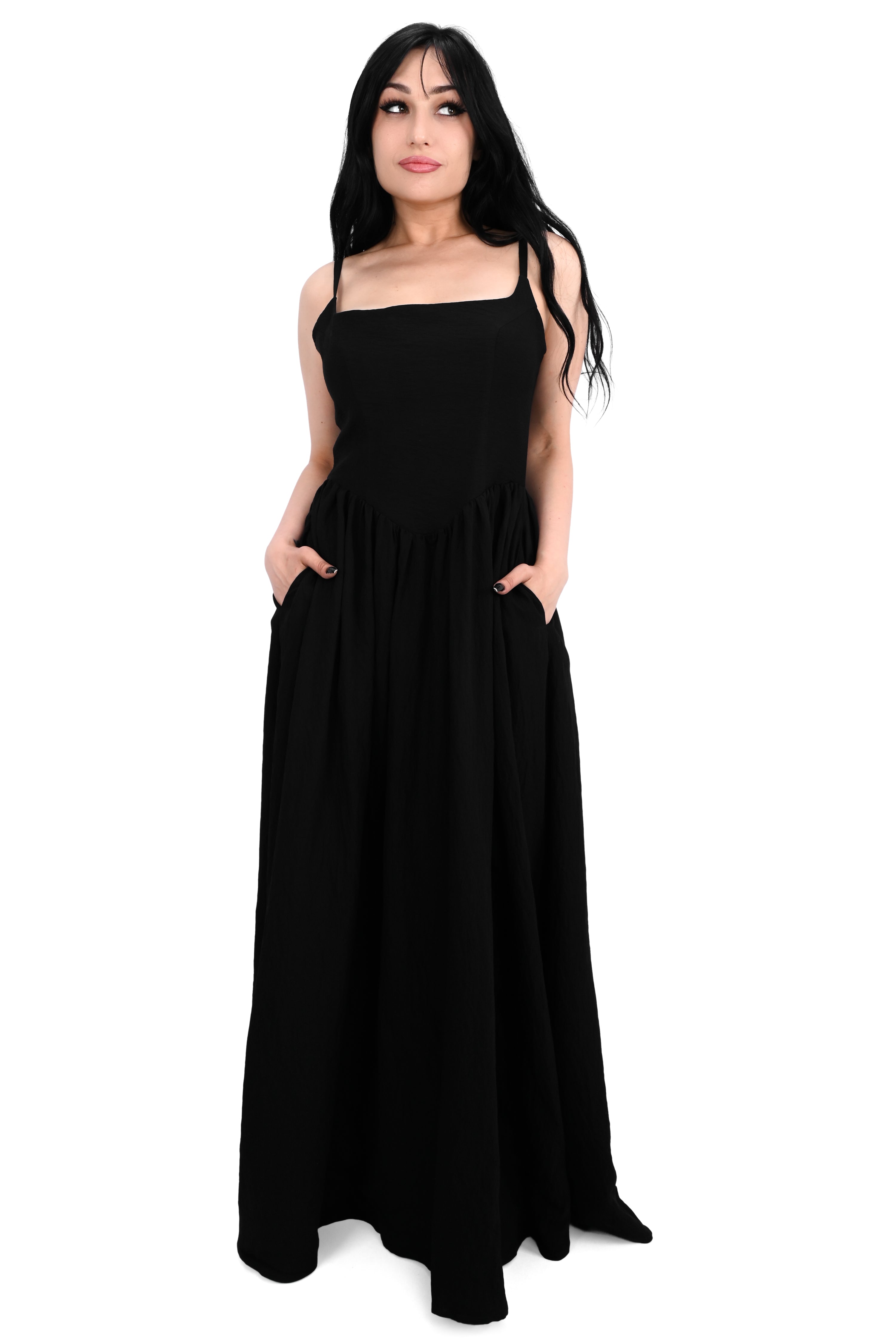 black aerobin maxi dress with spaghetti straps and smocked/zipper back