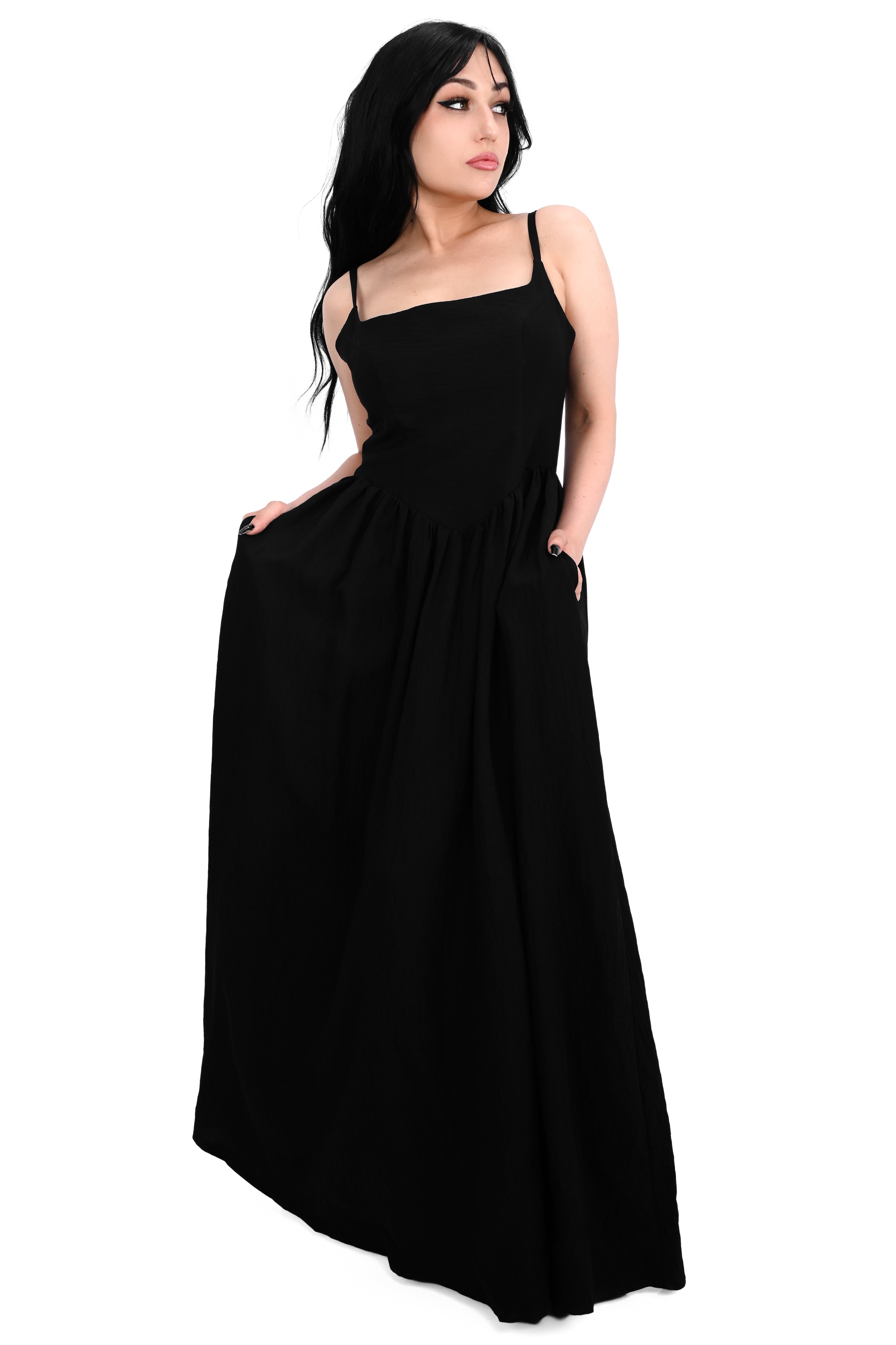 black aerobin maxi dress with spaghetti straps and smocked/zipper back