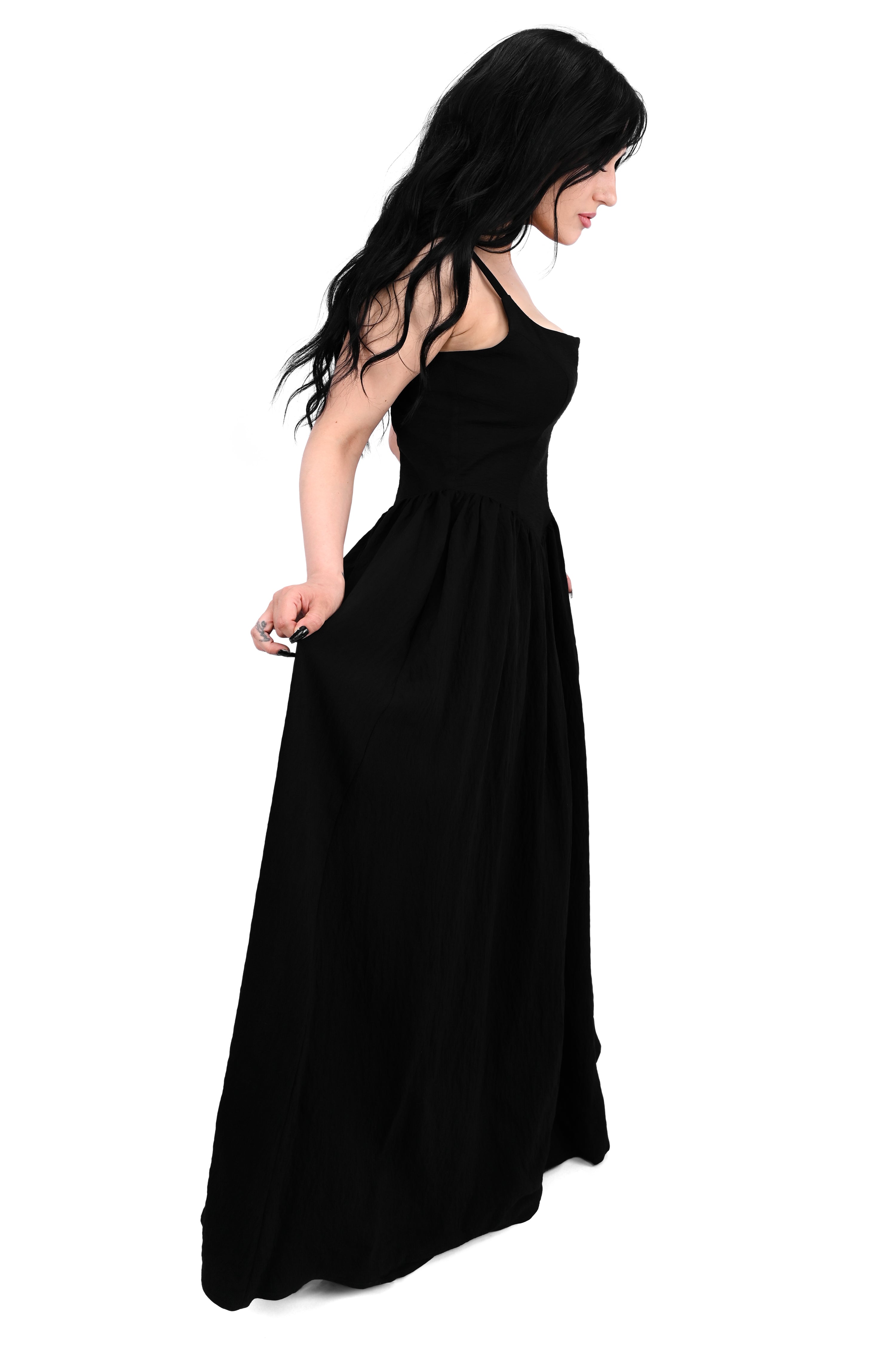 black aerobin maxi dress with spaghetti straps and smocked/zipper back