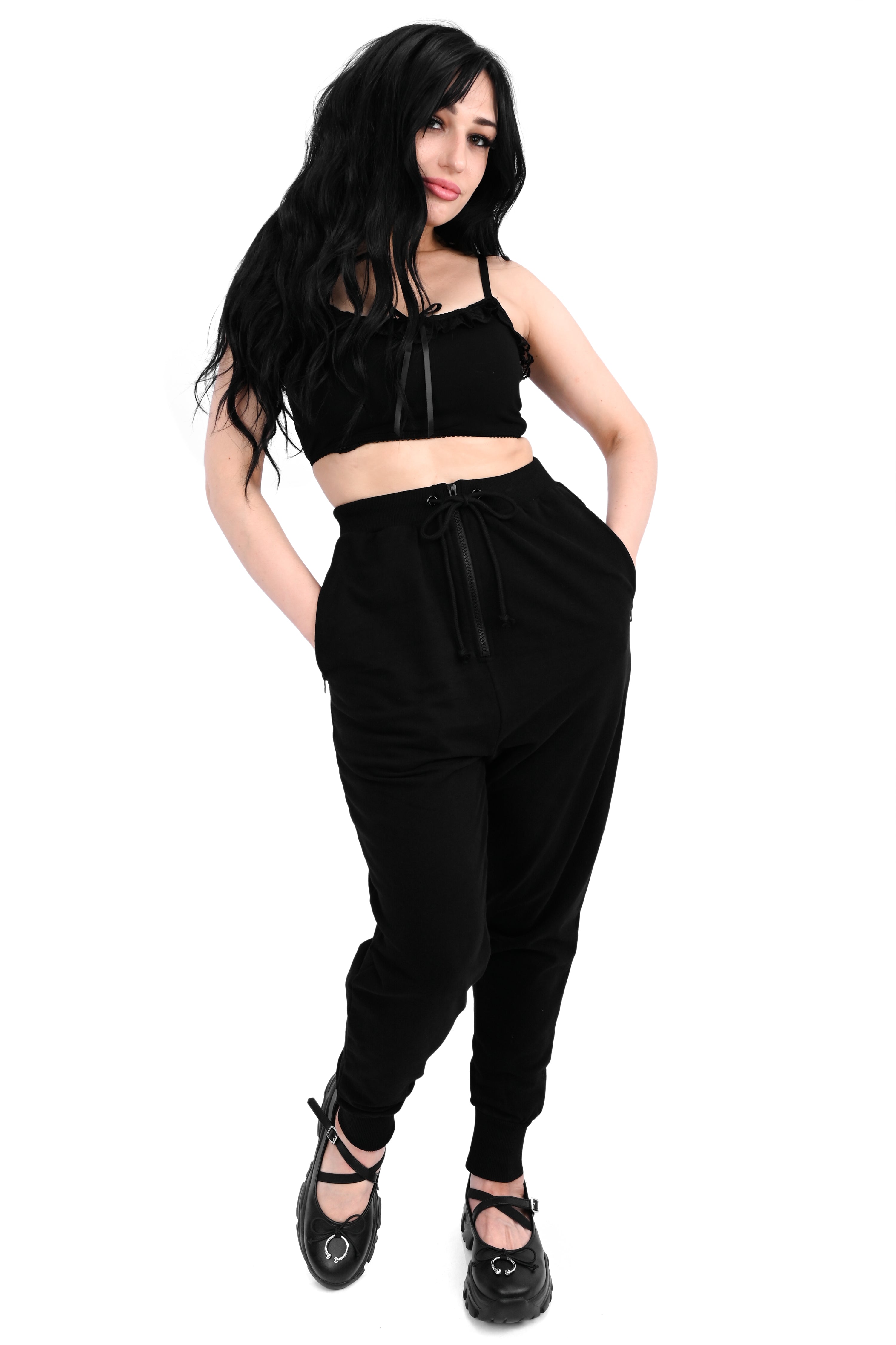 black joggers with zipper front and zipper pockets