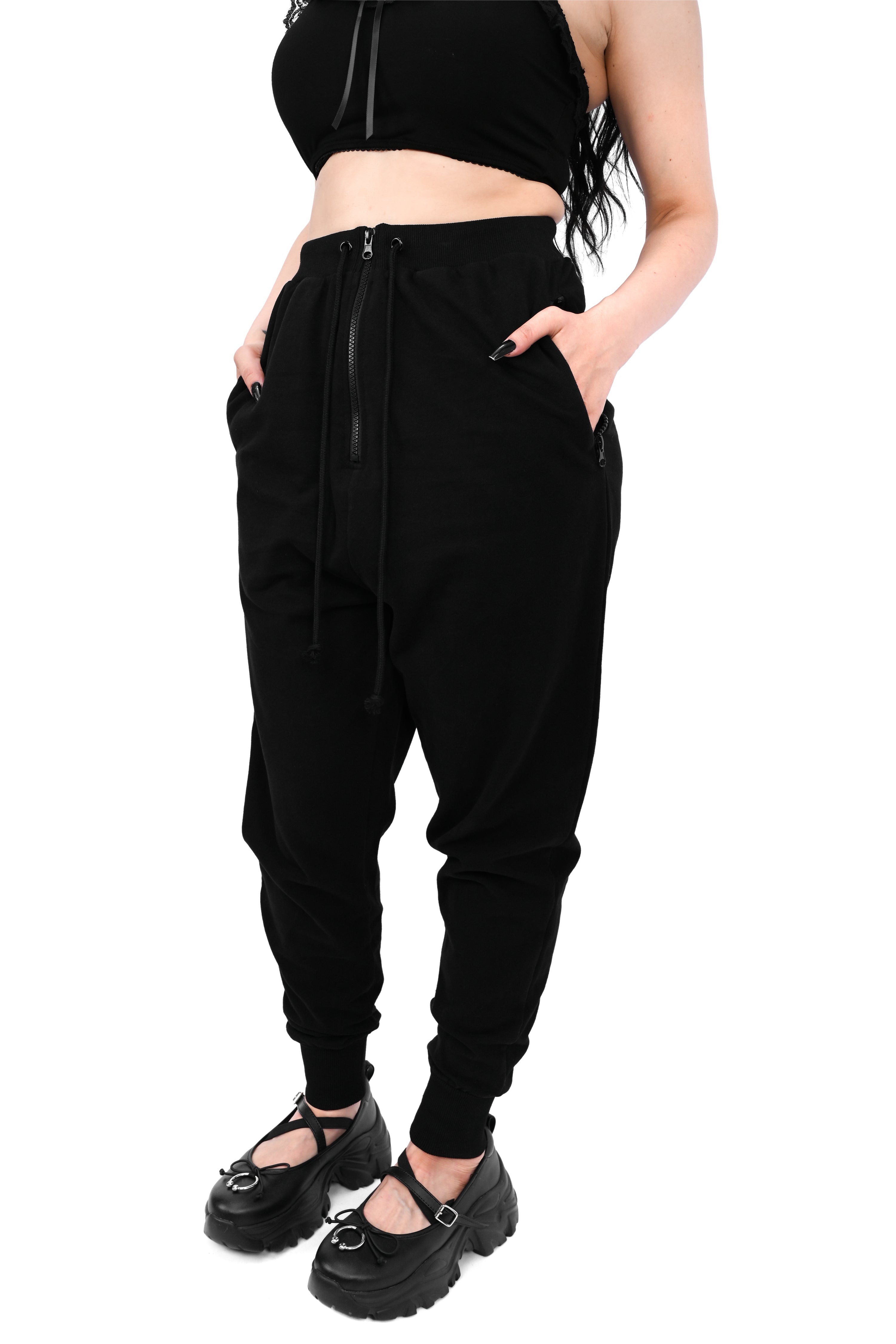 black joggers with zipper front and zipper pockets