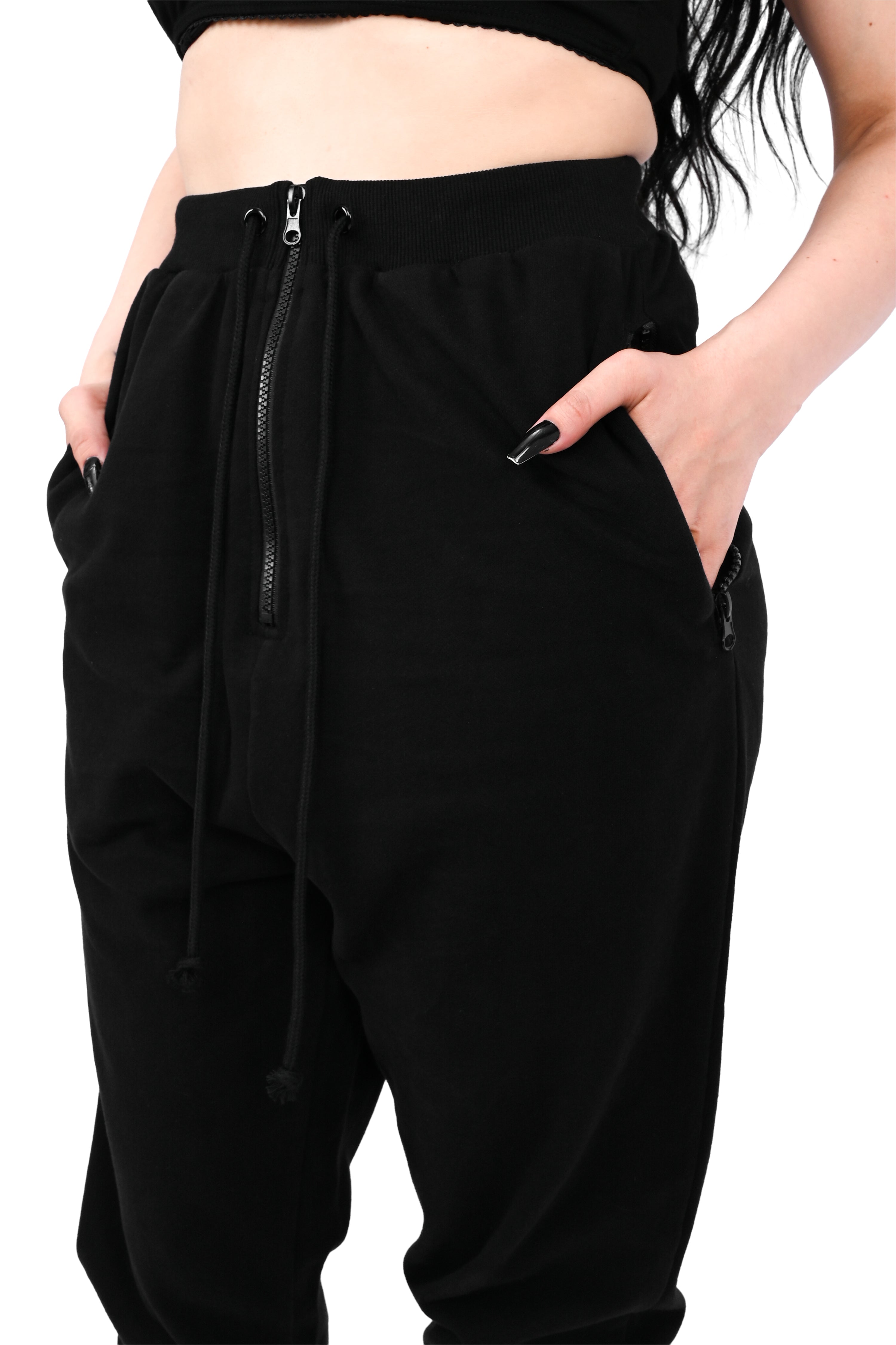 black joggers with zipper front and zipper pockets