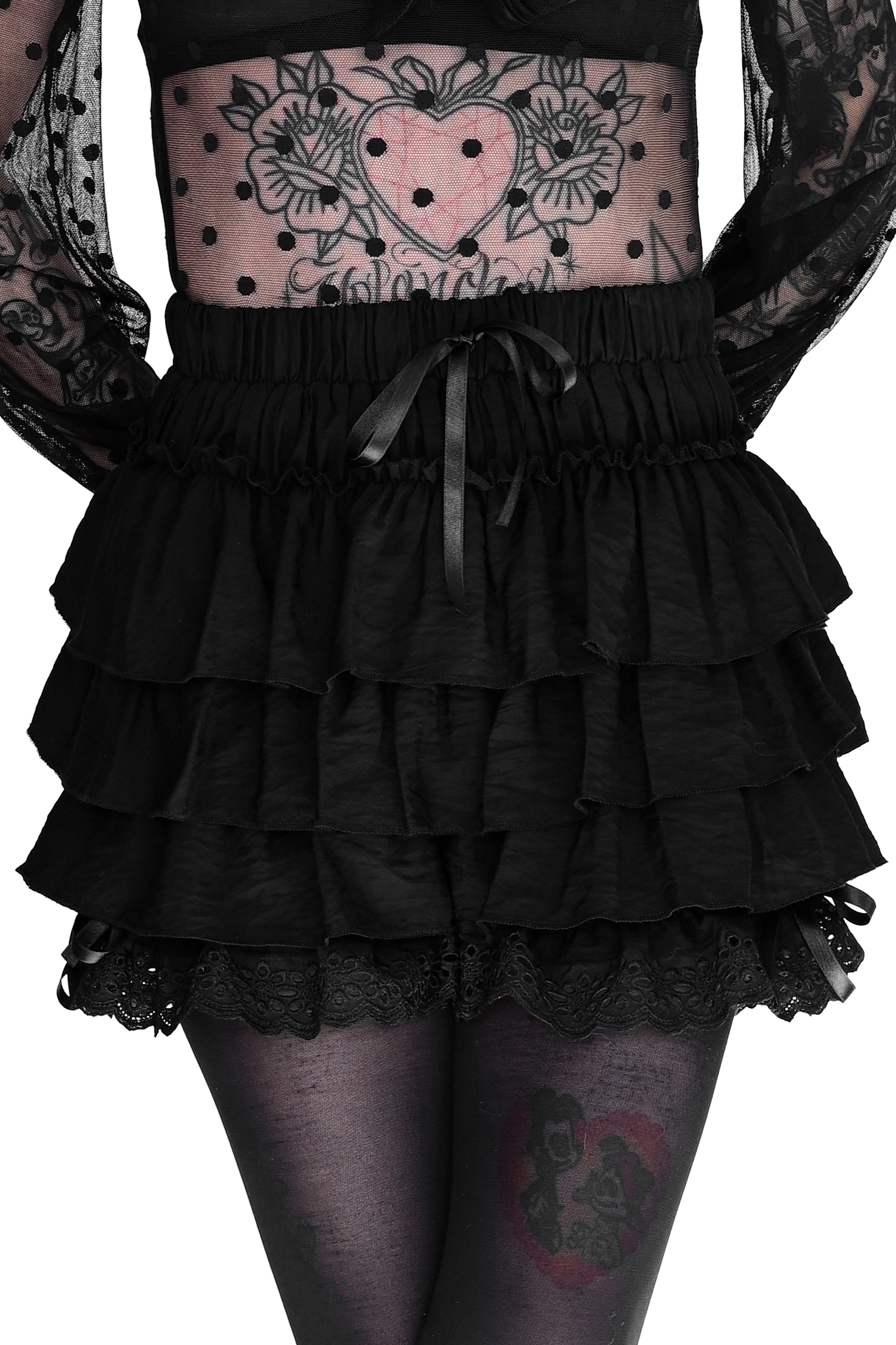 black ruffle bloomers with bow on front and lace bottom hem