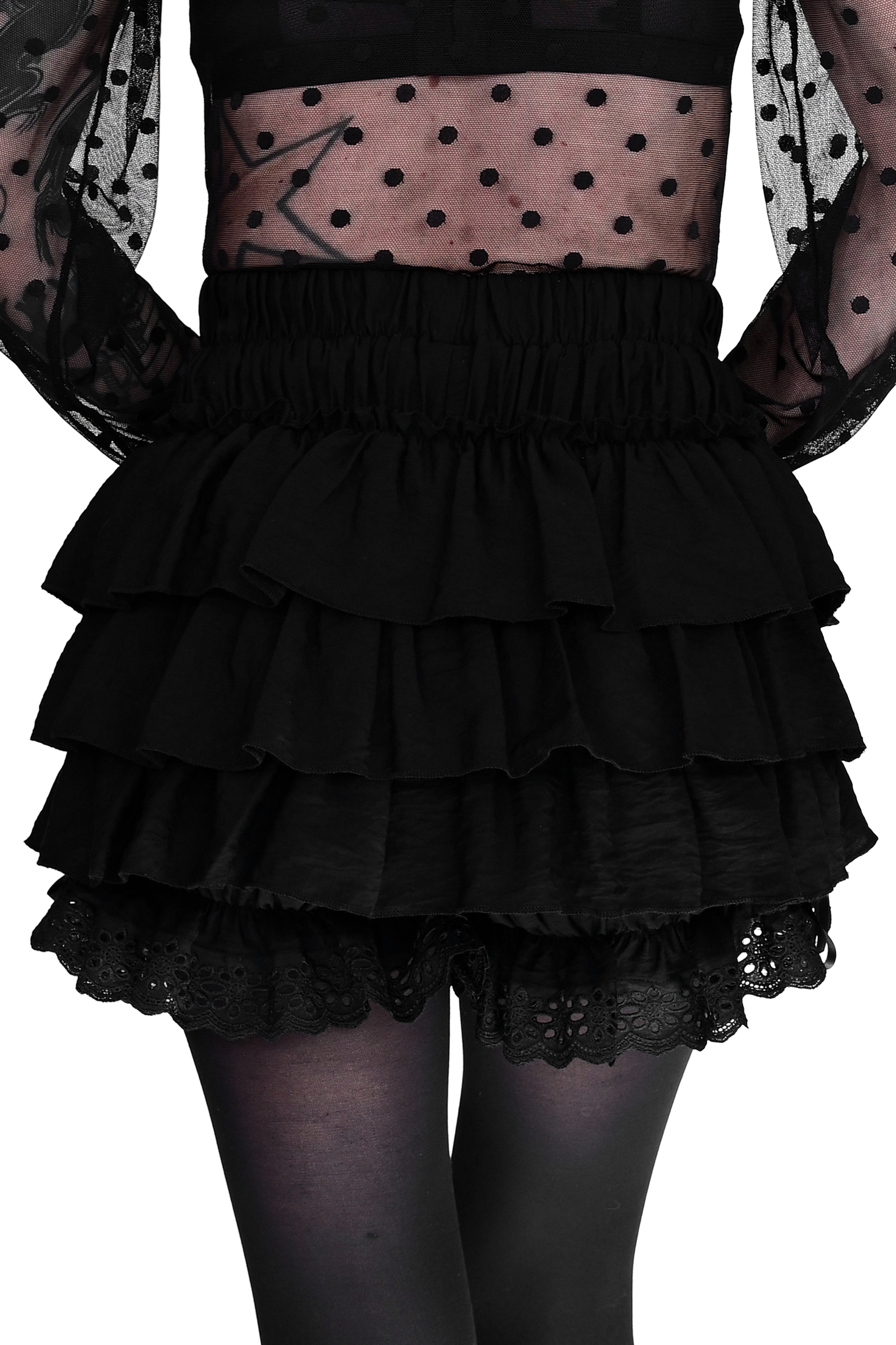 black ruffle bloomers with bow on front and lace bottom hem