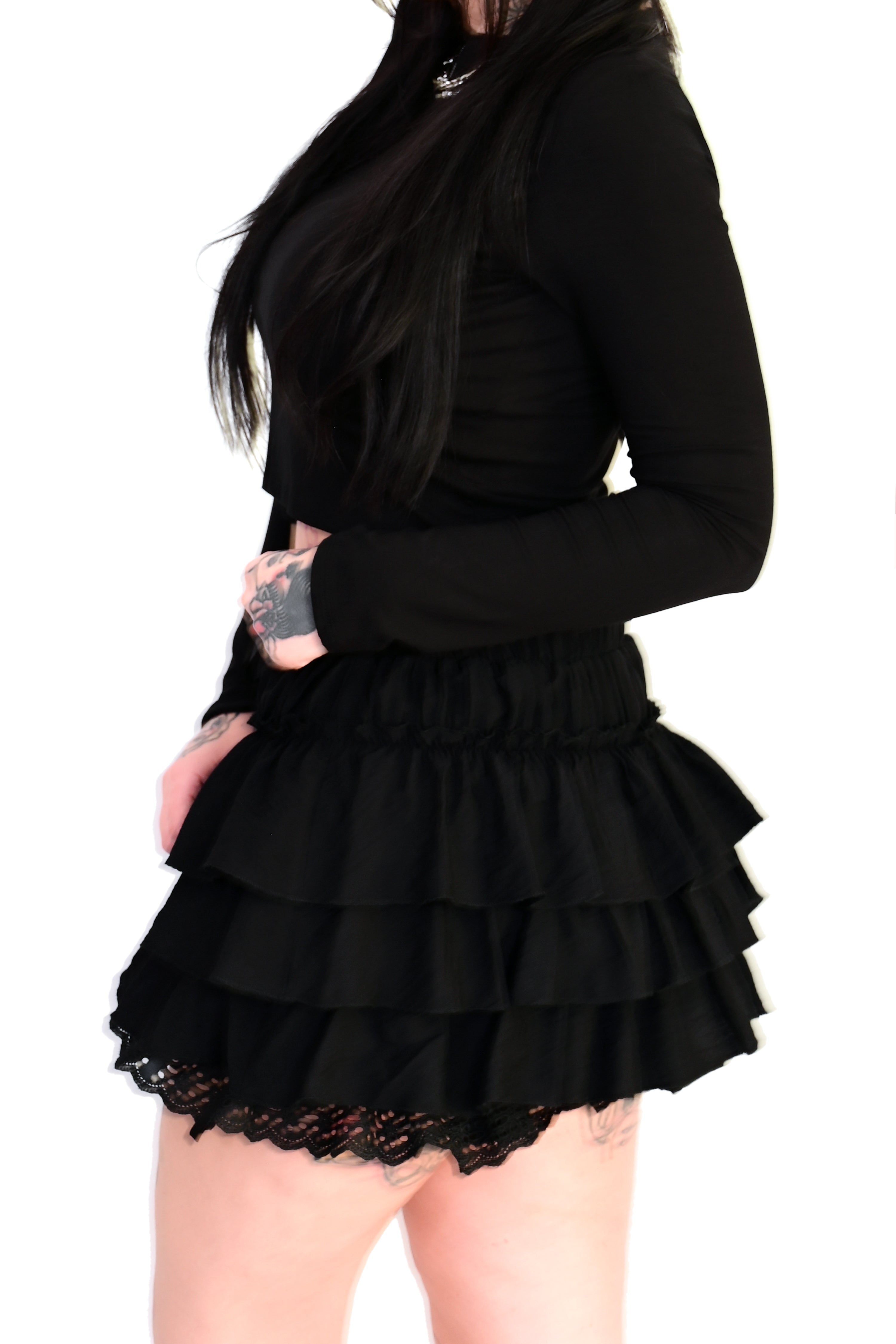 black ruffle bloomers with bow on front and lace bottom hem