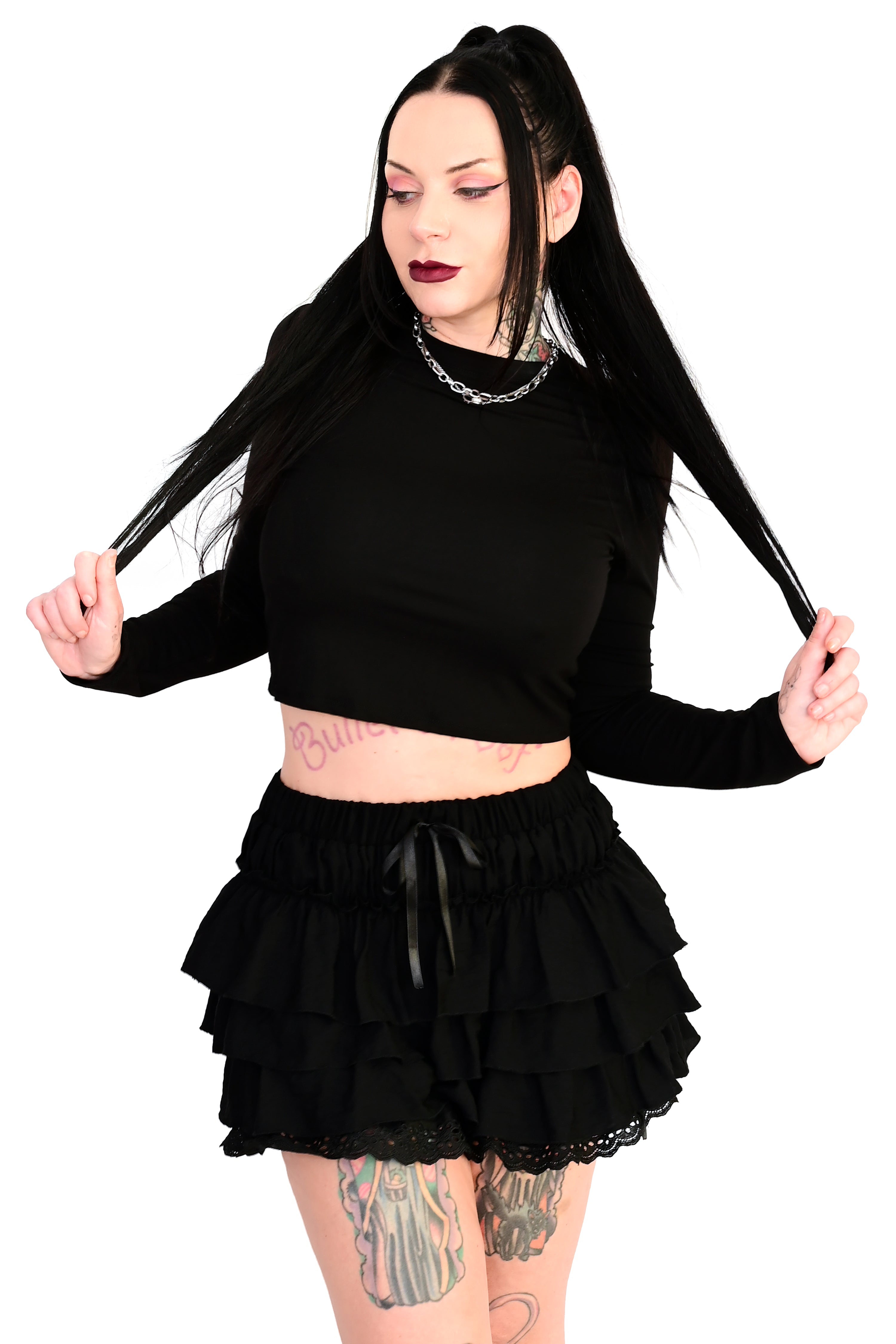 black ruffle bloomers with bow on front and lace bottom hem