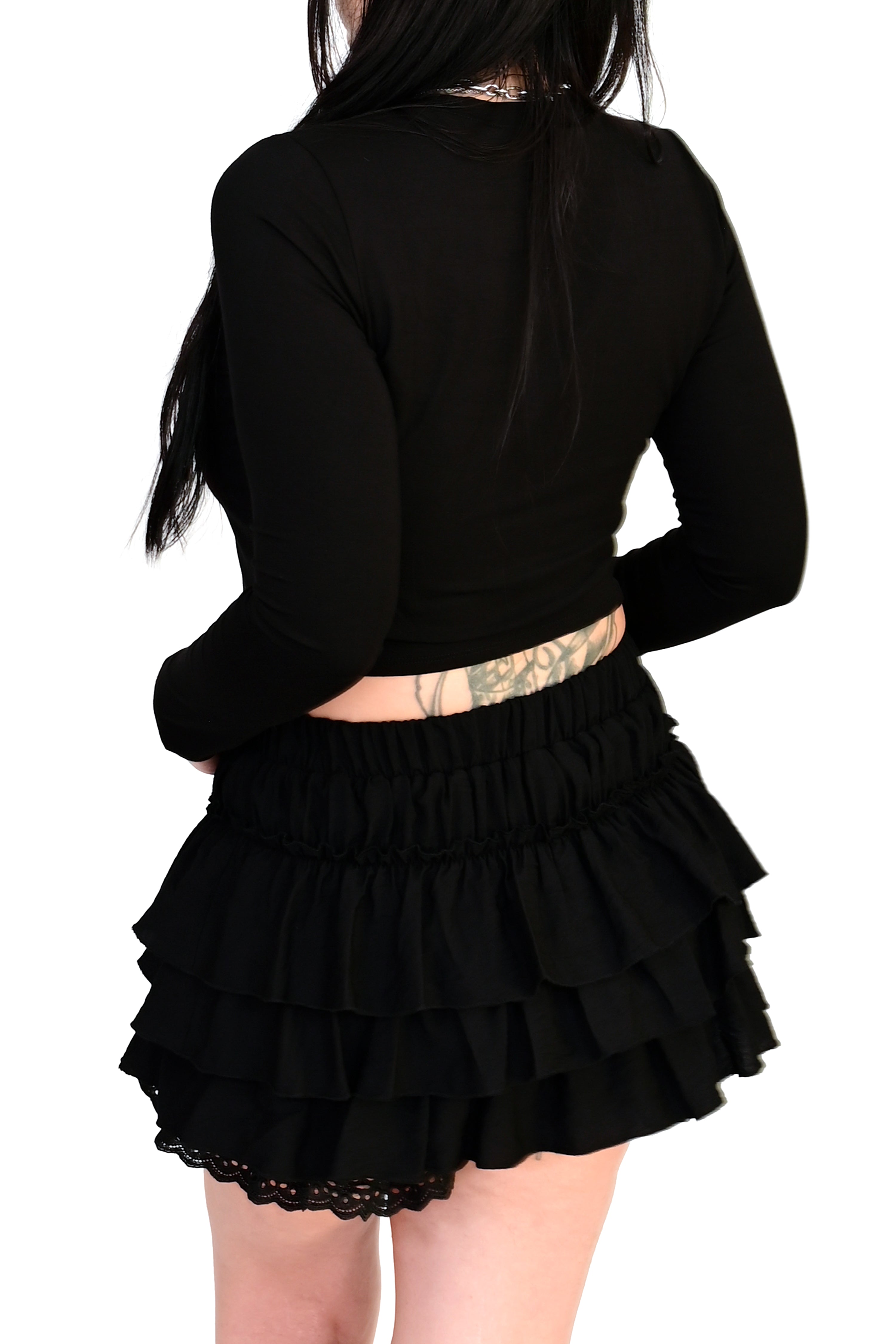 black ruffle bloomers with bow on front and lace bottom hem