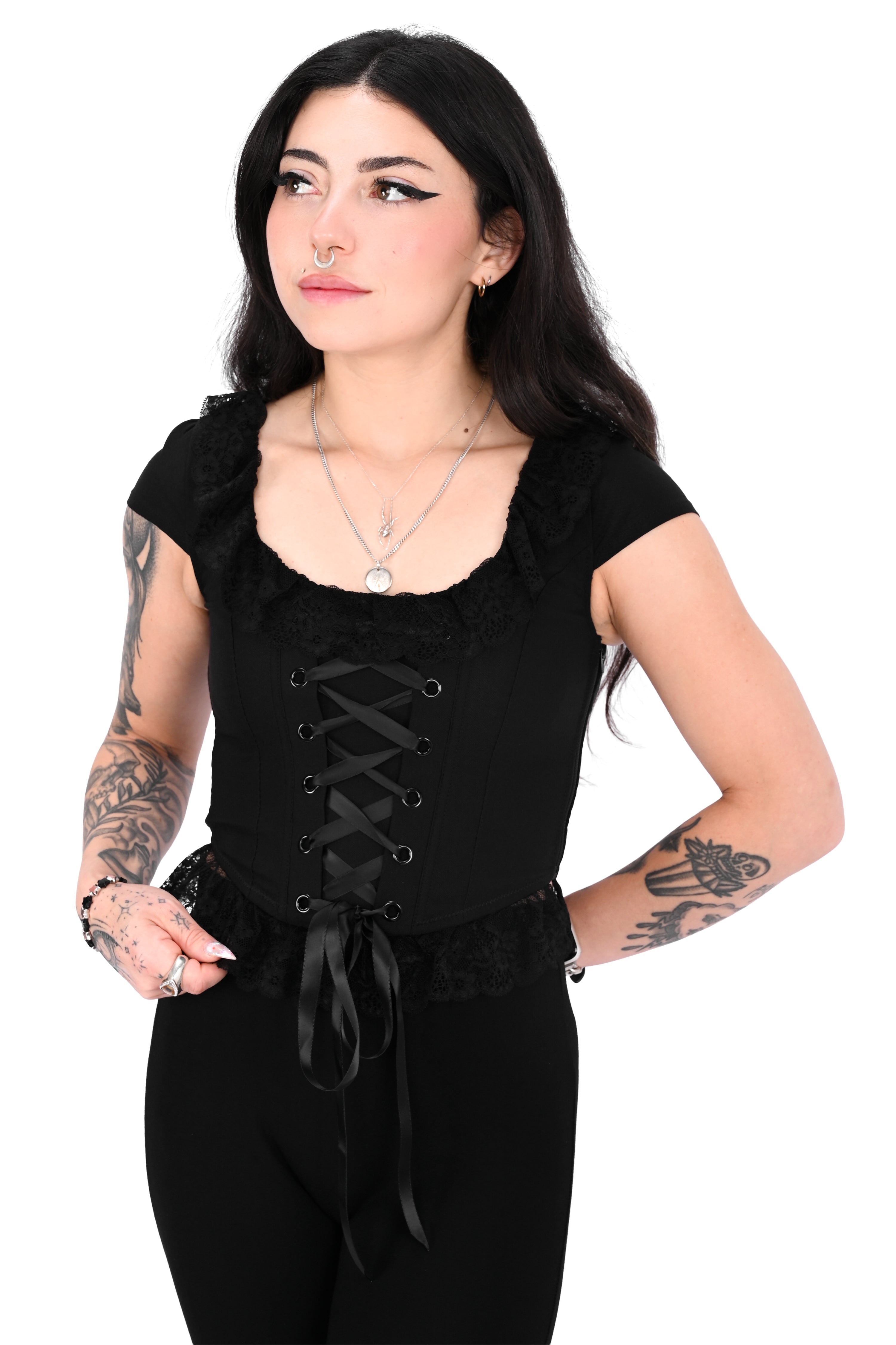 black twill corset top with cap sleeves and lace trim