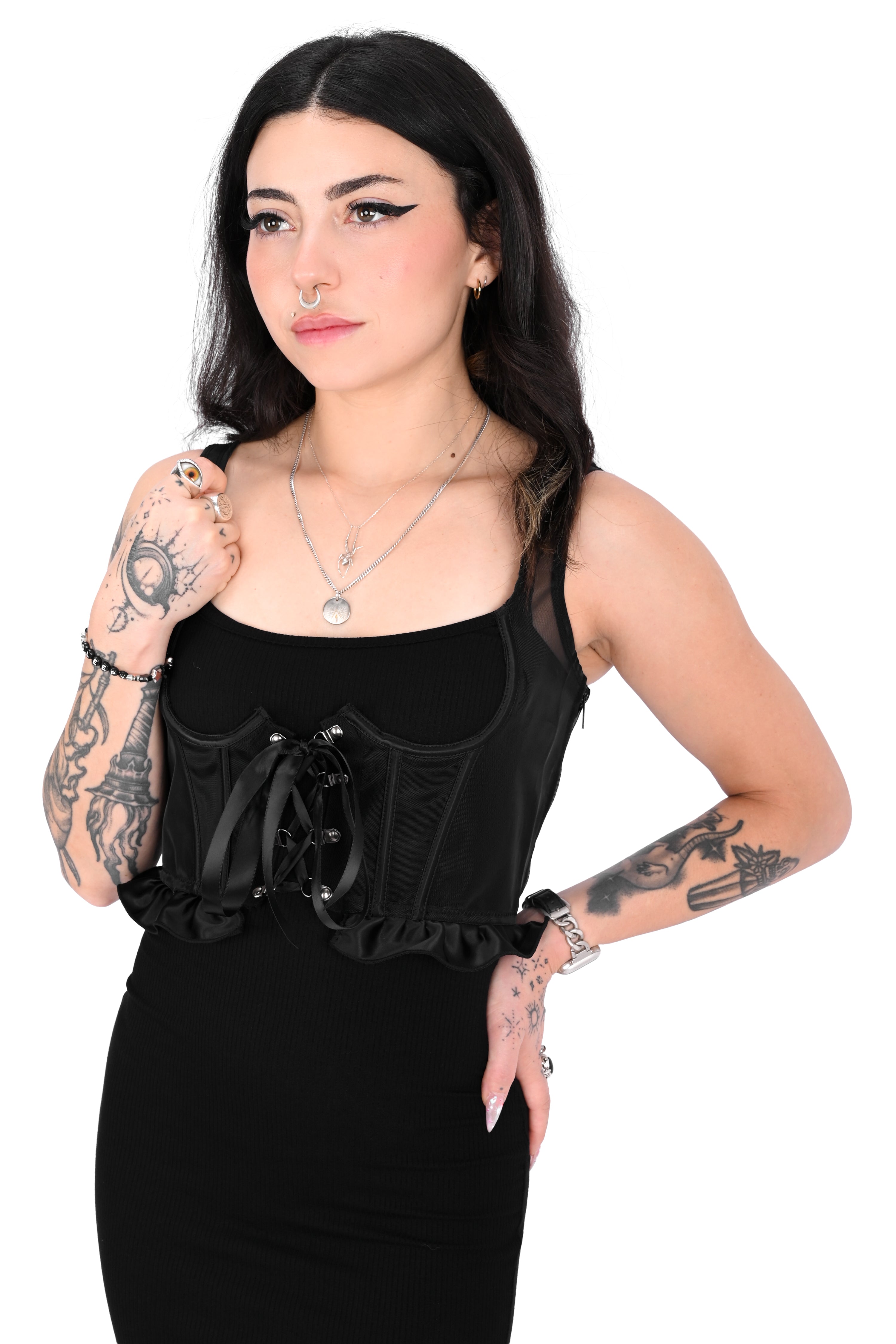black mesh underbust corset with bottom ruffle