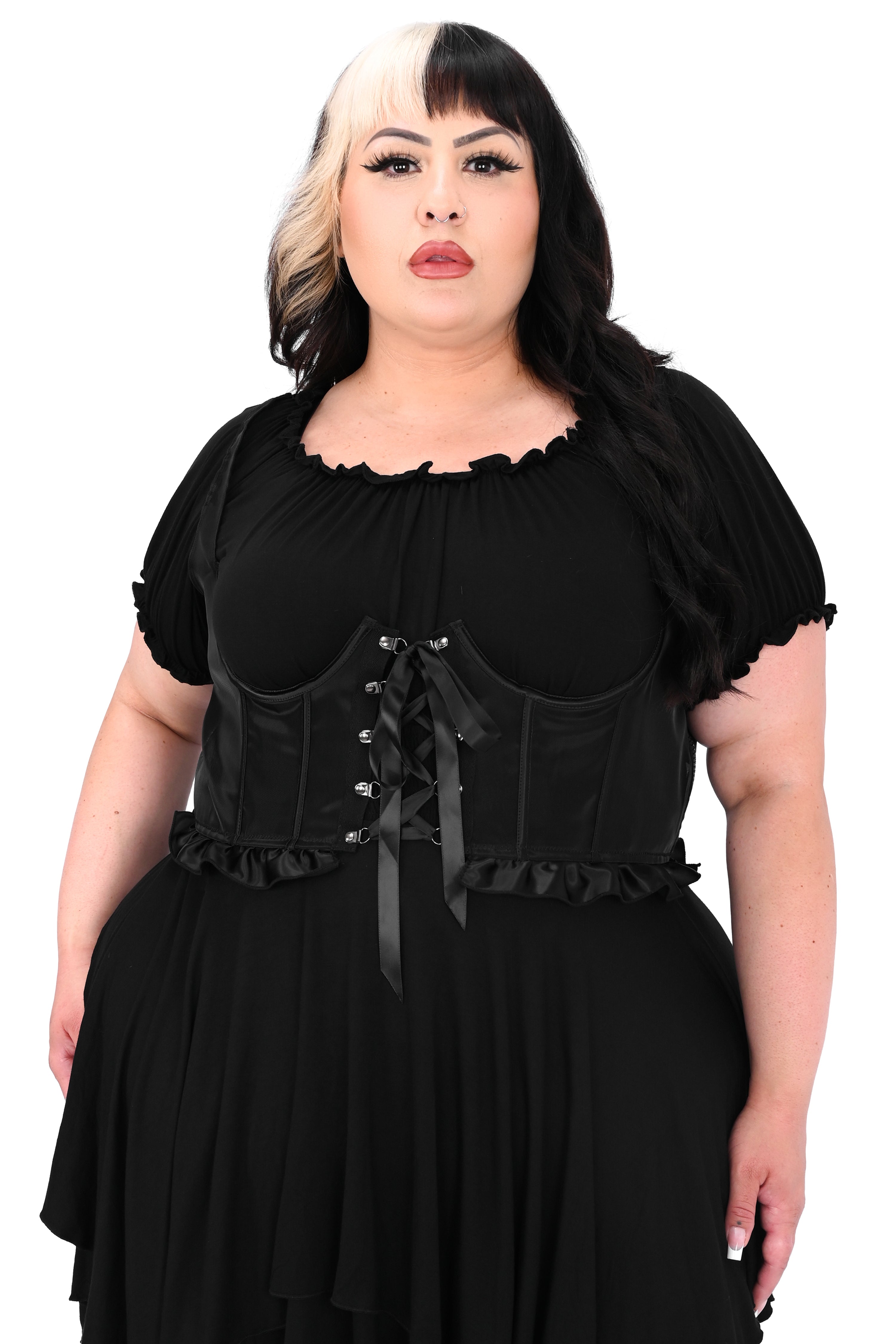 black mesh underbust corset with bottom ruffle