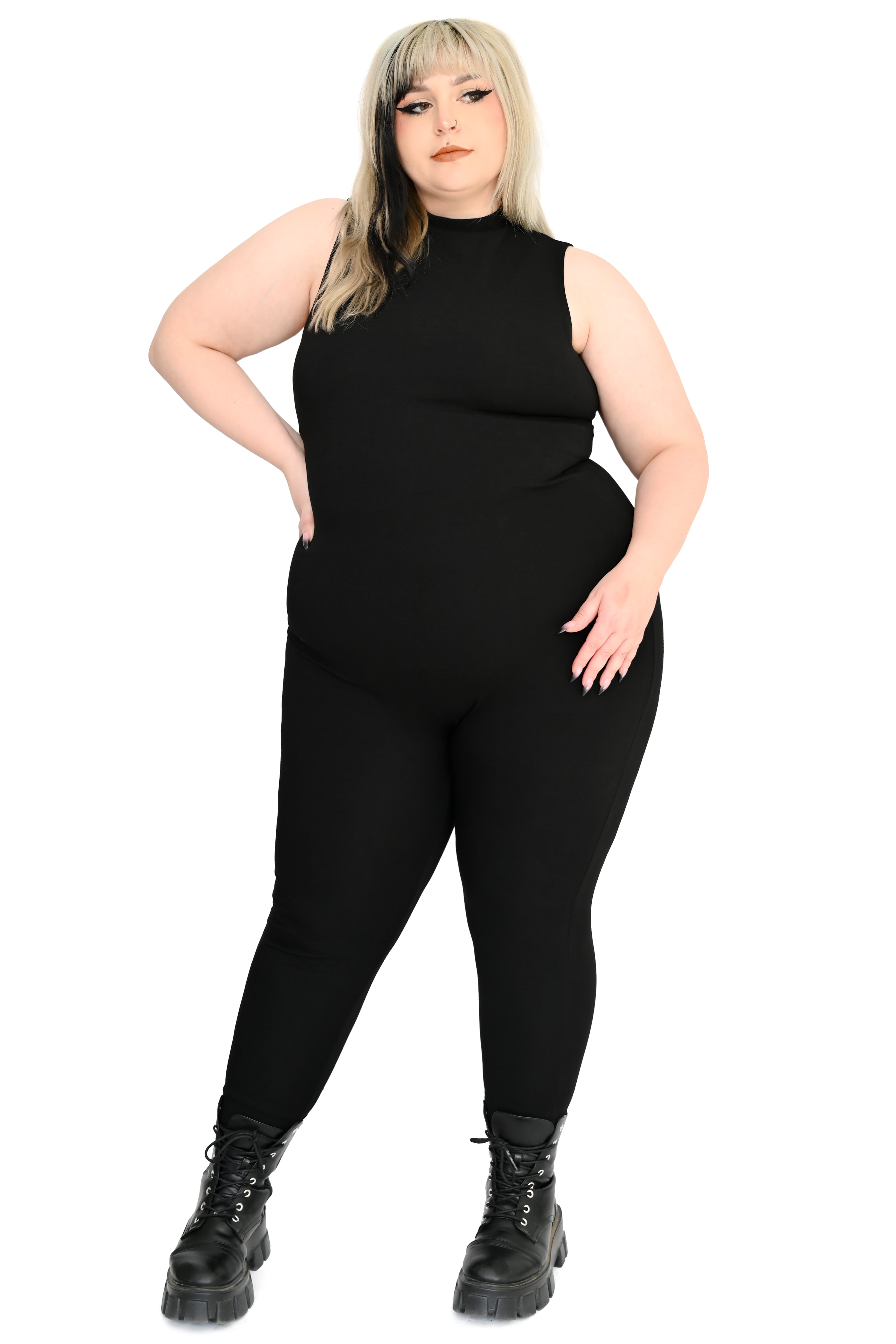 black sleeveless high neck catsuit on a 2X model
