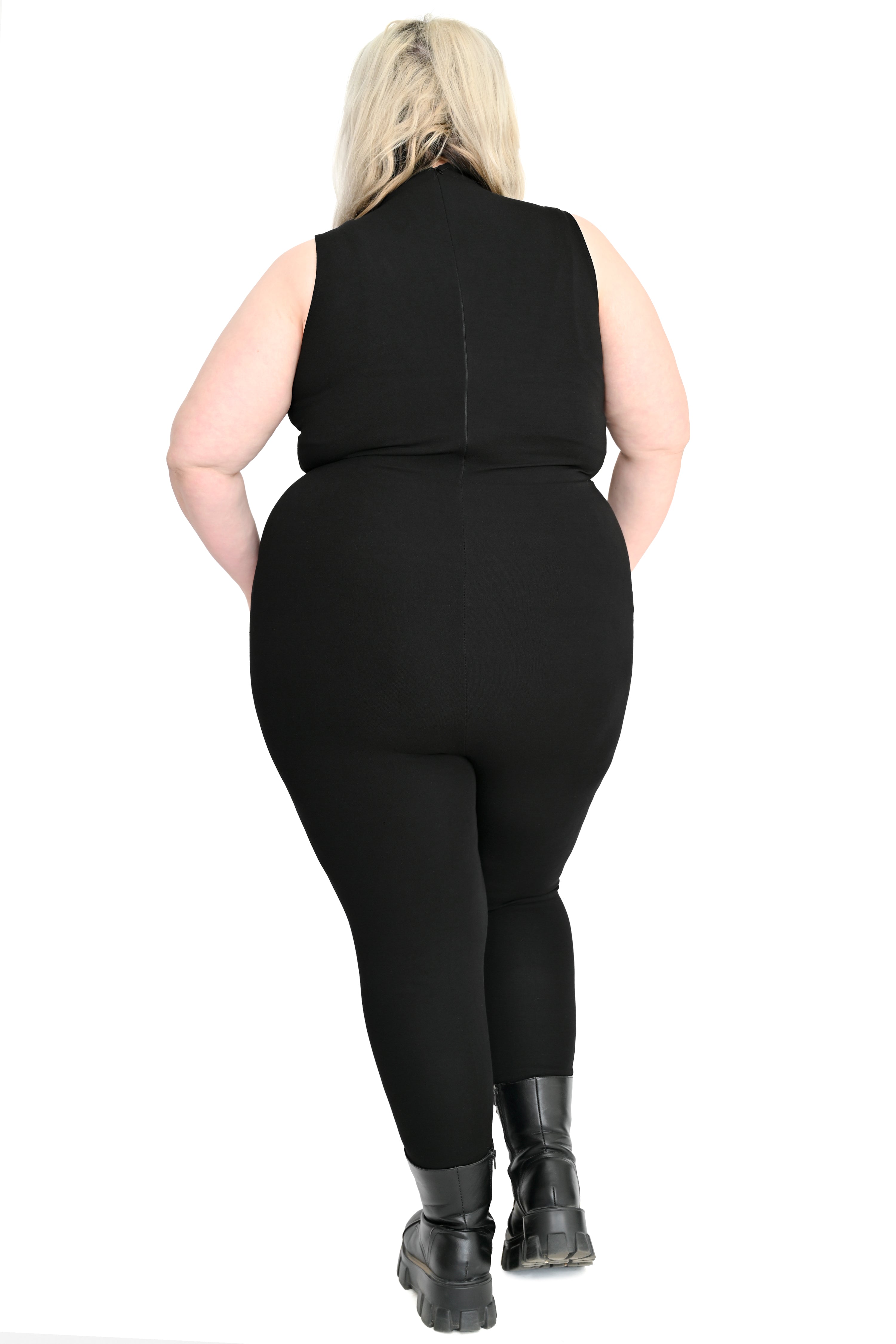 black sleeveless high neck catsuit
