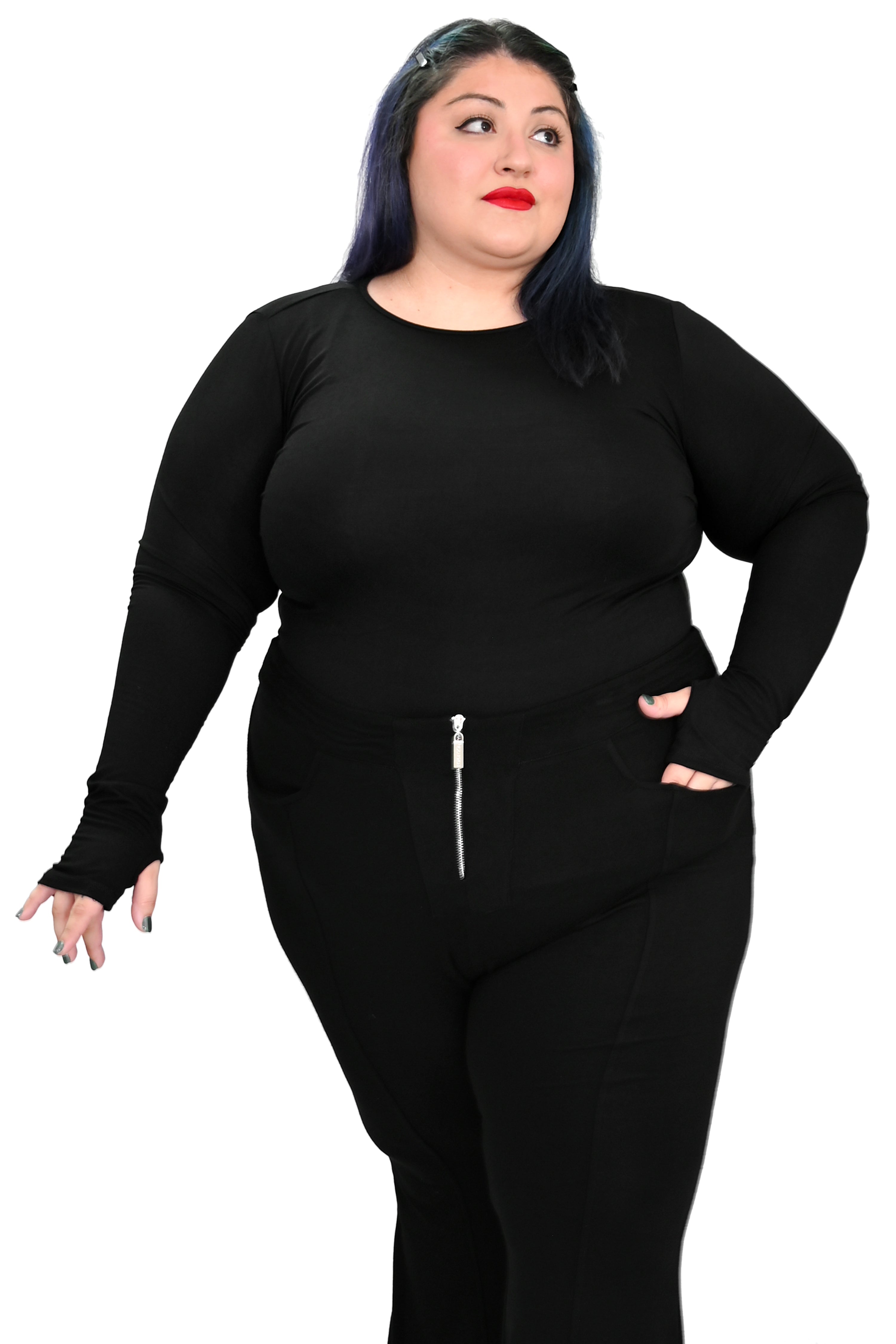black full length long sleeve top with thumbholes