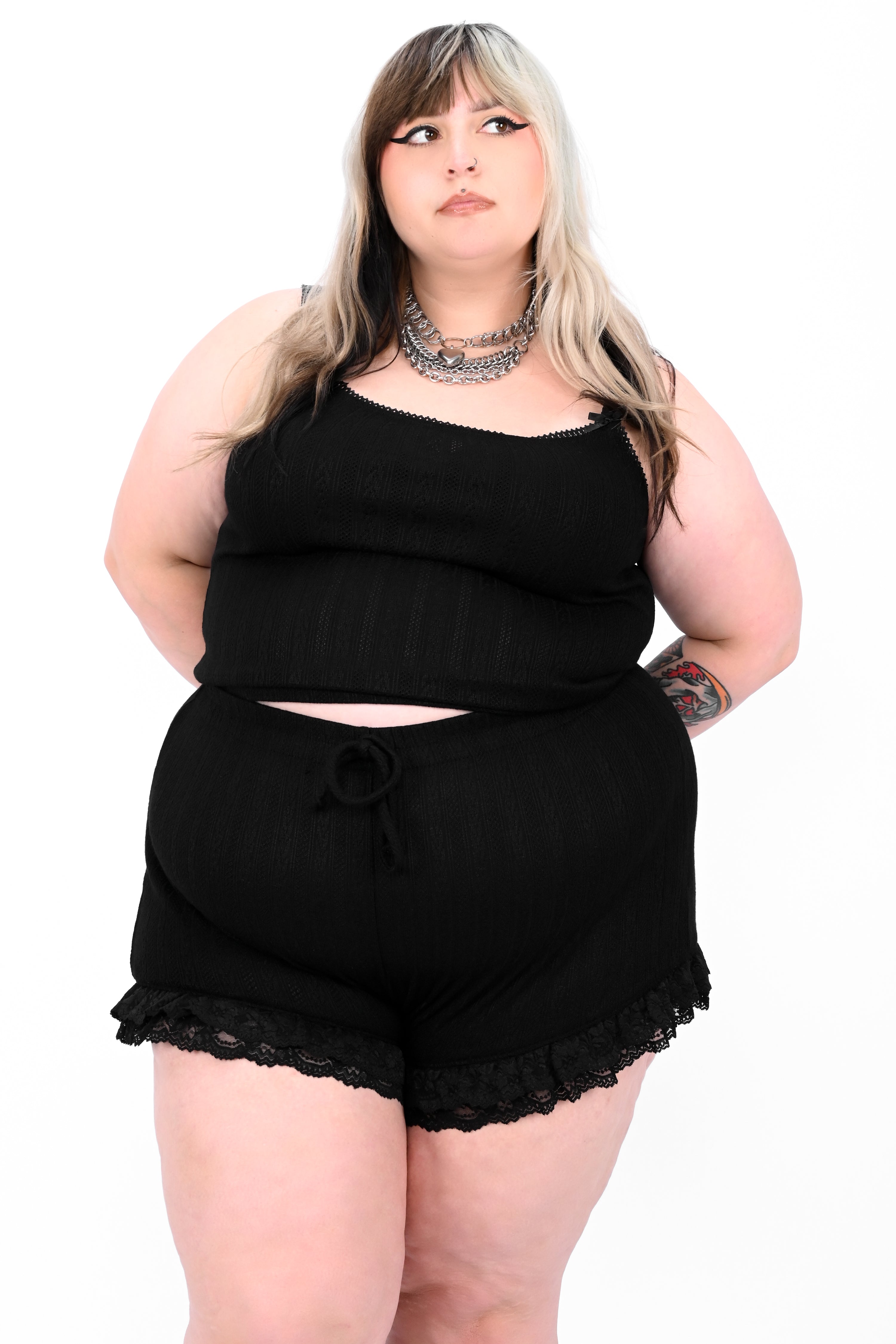 black soft knit pointelle shorts with 2 rows of black lace trim