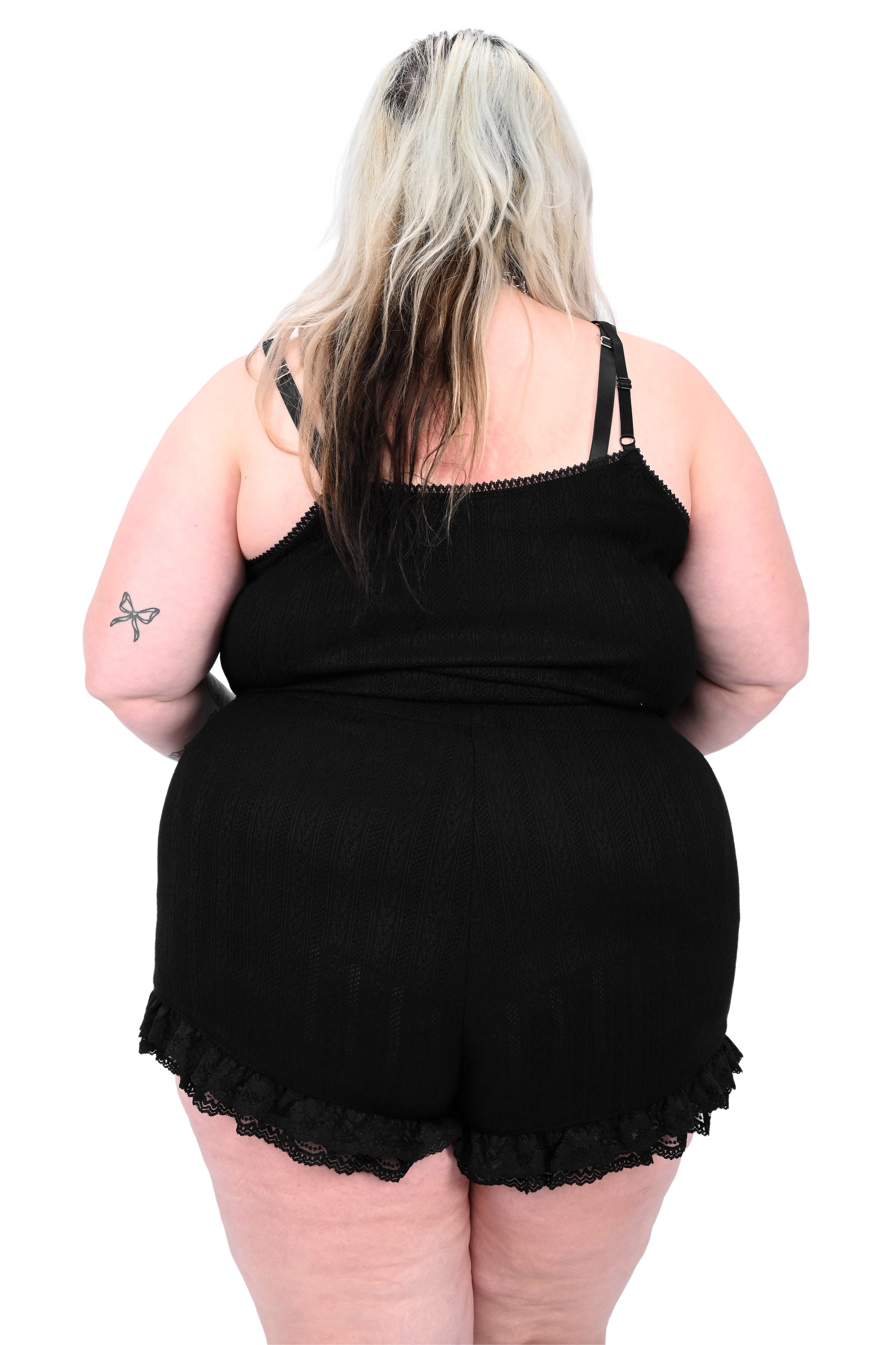 black soft knit pointelle shorts with 2 rows of black lace trim