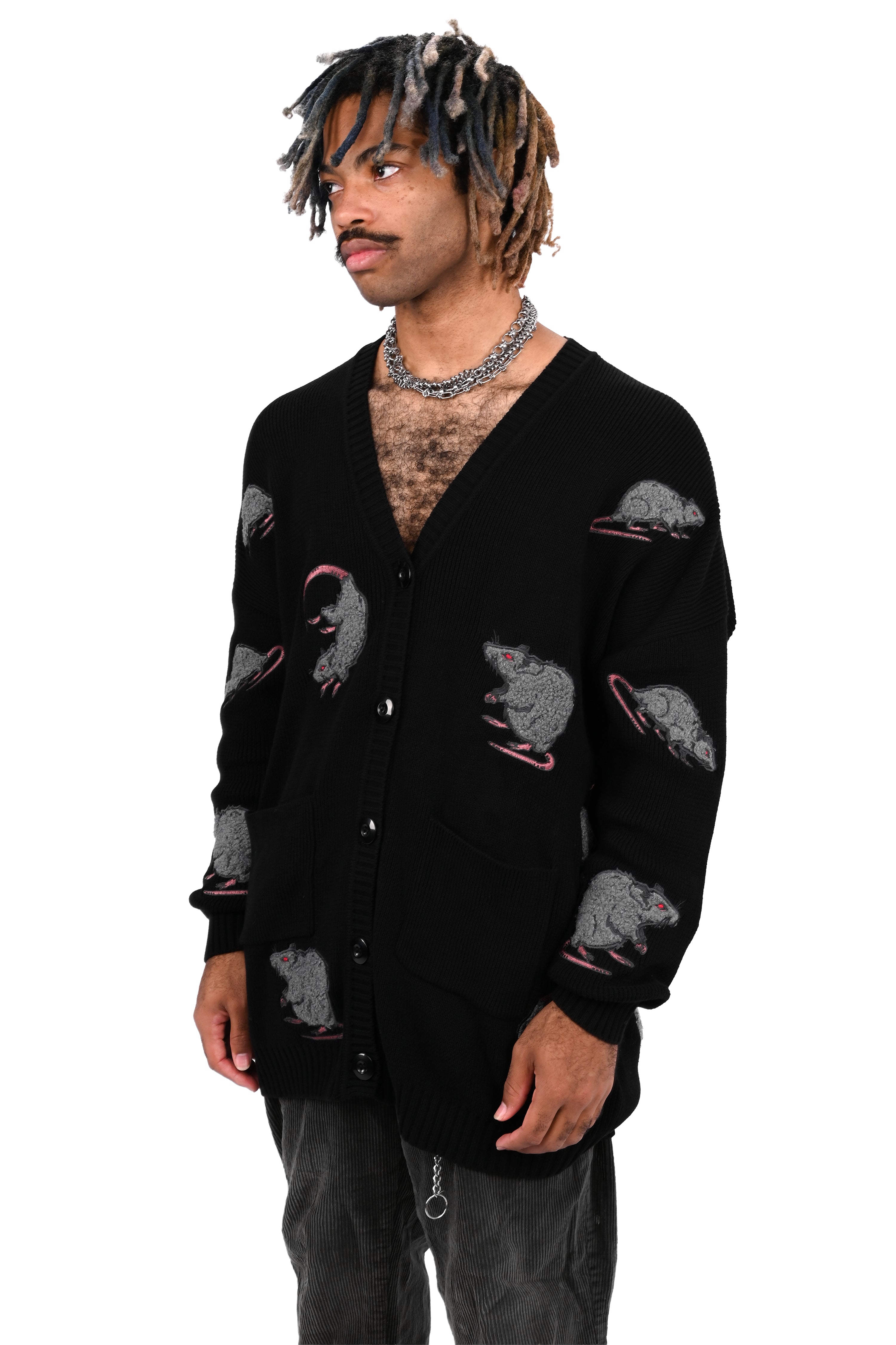 black cardigan with custom embroidered rat pattern