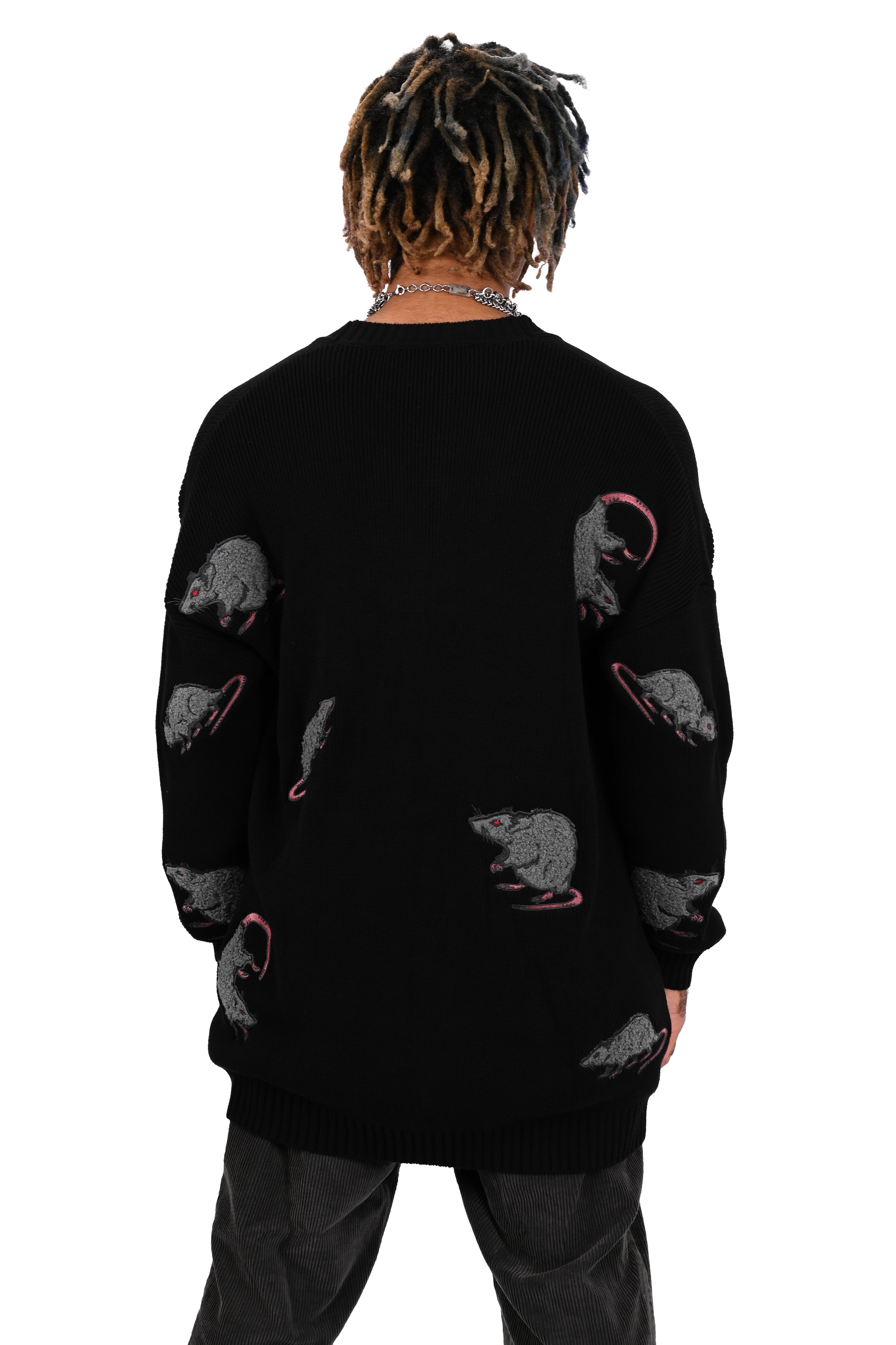 black cardigan with custom embroidered rat pattern