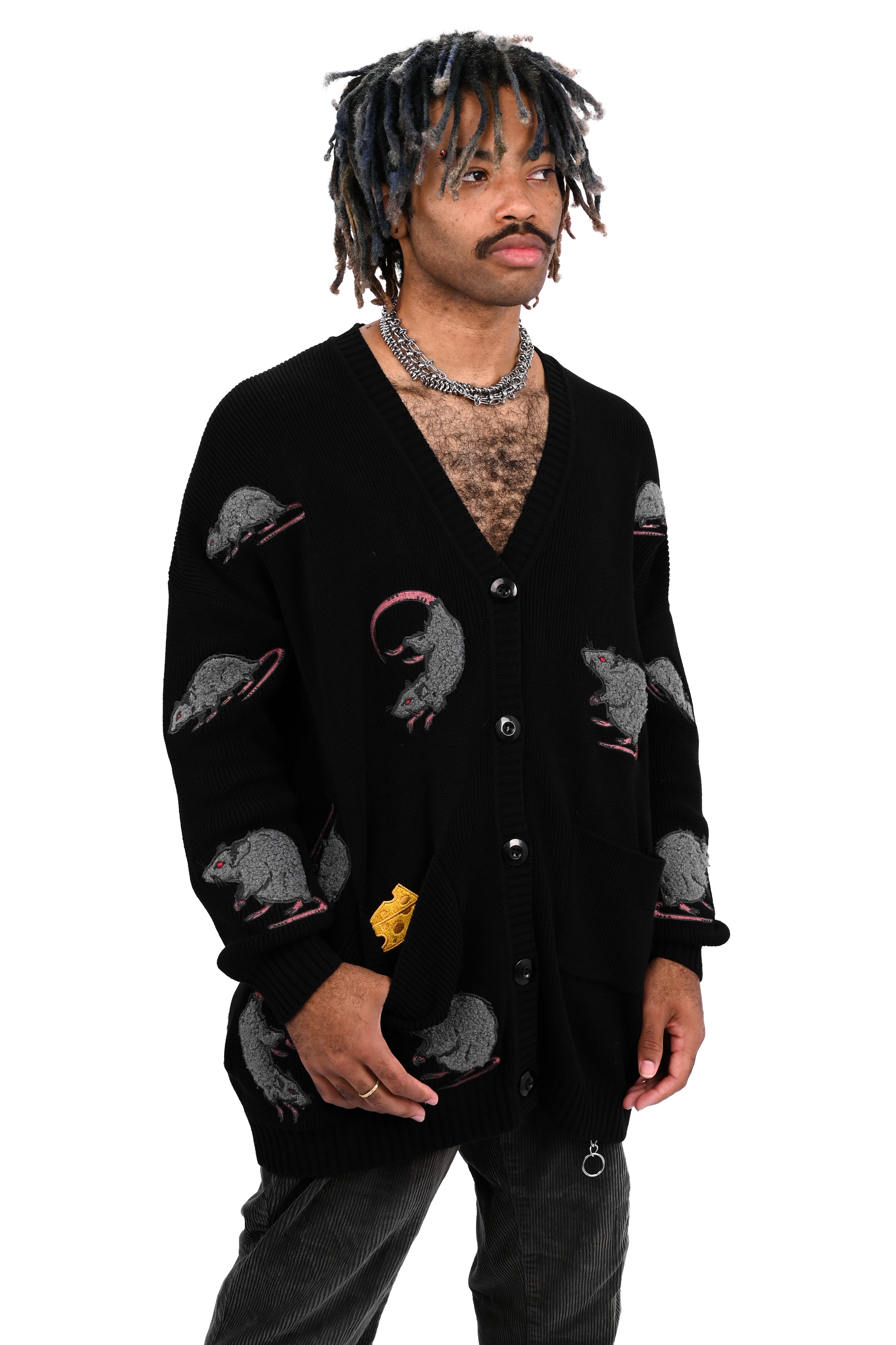 black cardigan with custom embroidered rat pattern