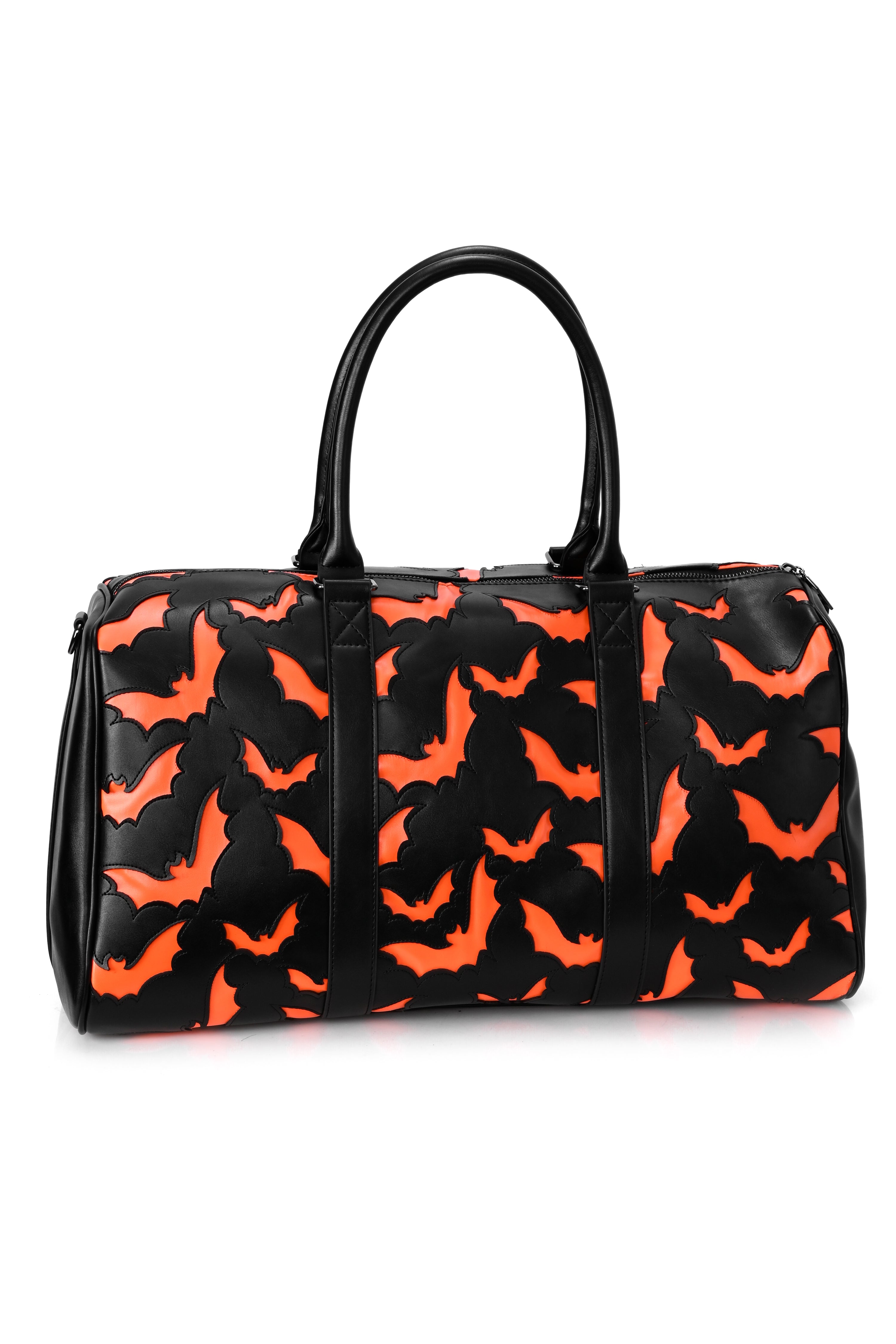 black weekender bag with orange bat underlay print